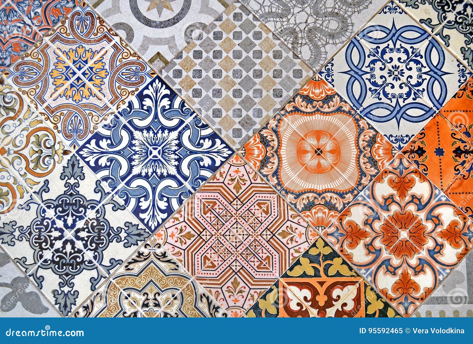 Detail of Ornamental Ceramic Tile with Colorful Patchwork. Stock