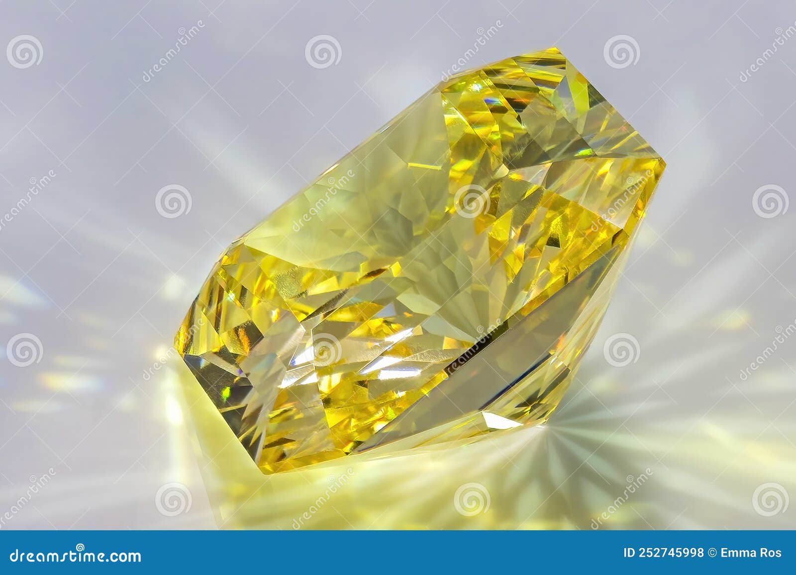 detail photo focus stacking of a self-cut cubic zirconia with lemon color and squartuguese cut, placed on a white acrylic glass