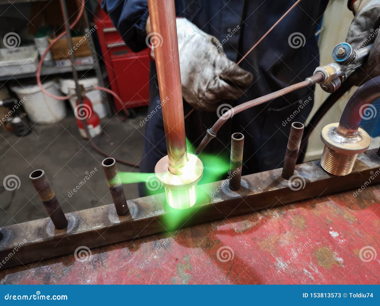 Soldering Of Brass Fittings On Copper Pipe Stock Image Image Of Industry Metal 153813573