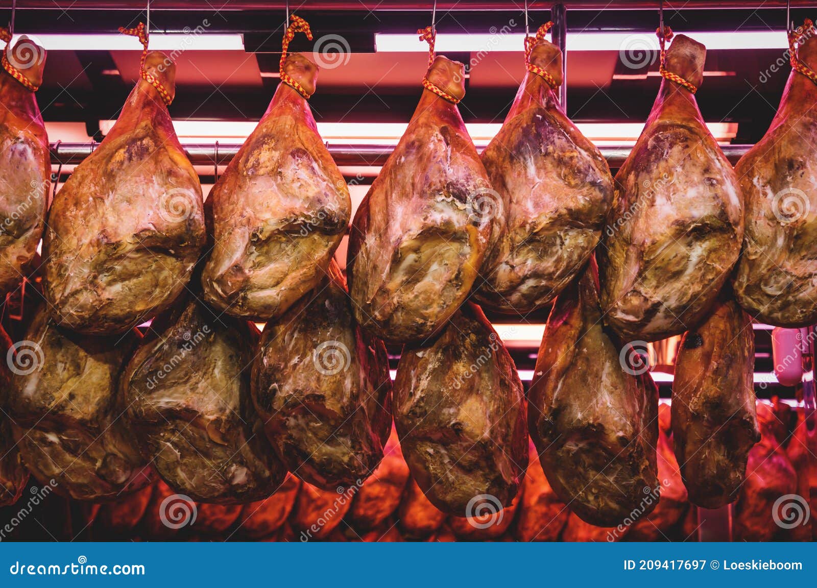 Detail of Spanish Ham Serrano` Hanging at a Stand in the Market `Mercat Central` Valencia, Spain Stock Image - Image of iberico, serrano: 209417697