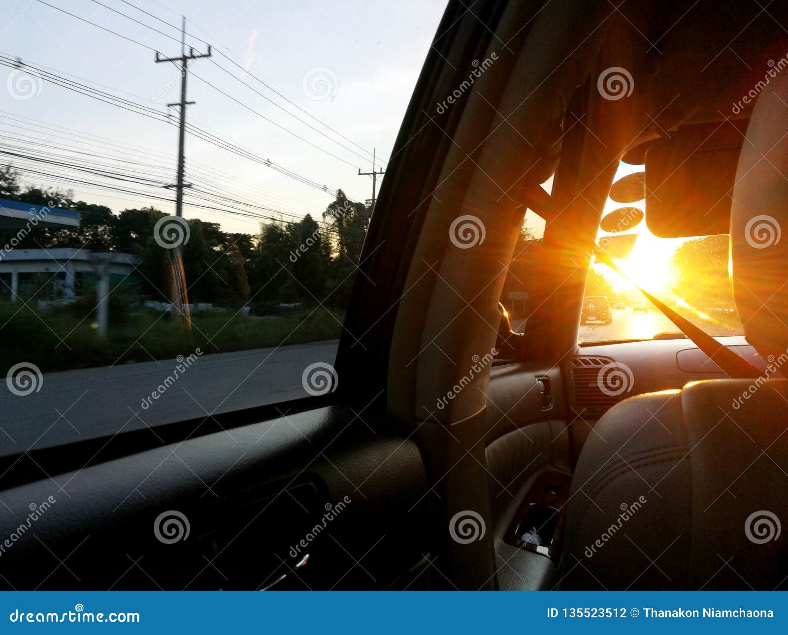 Sunlight through Windshield in Car in Evening Time Stock Photo Image