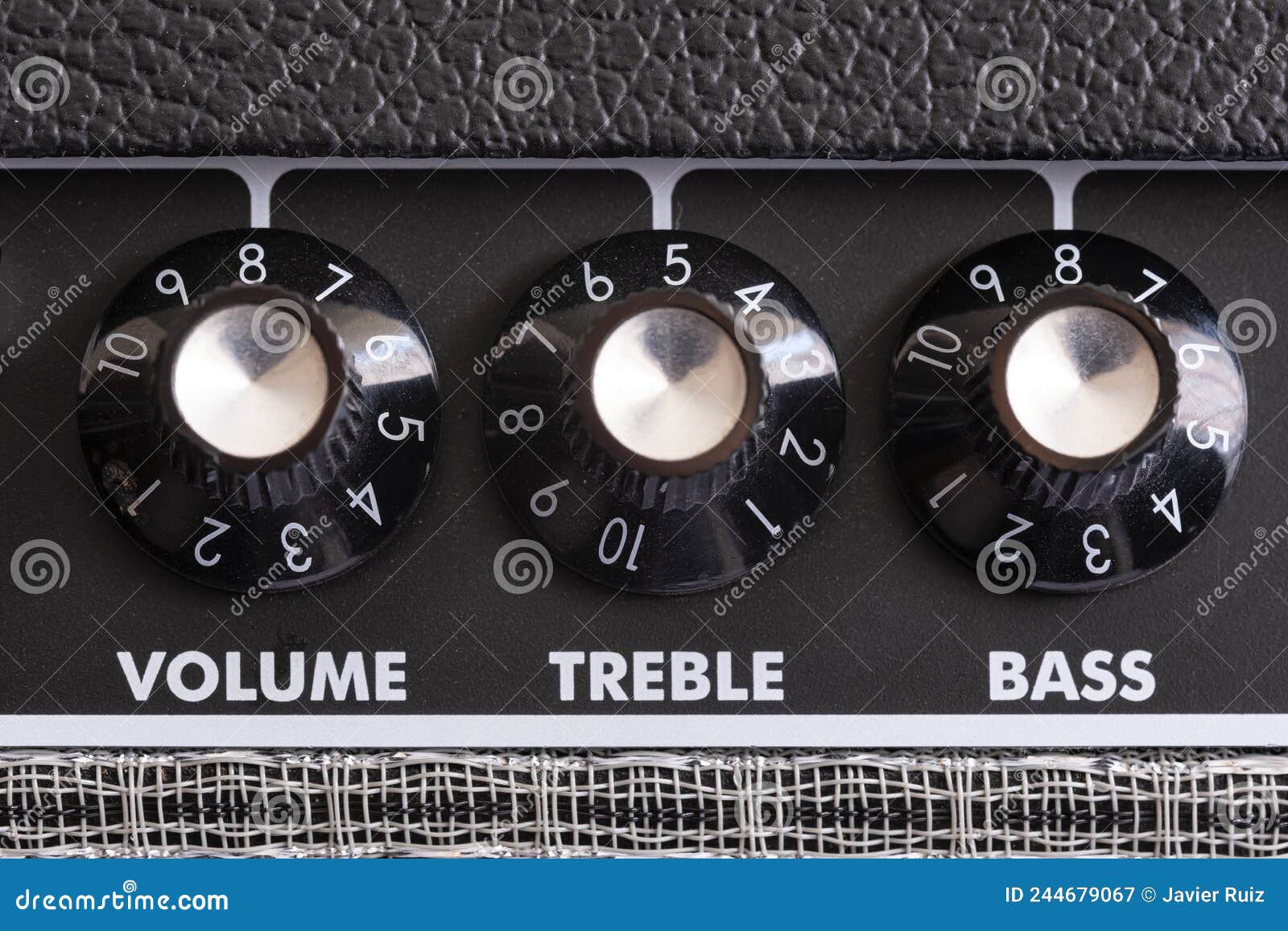 Detail of the Volume, Treble and Bass Control Knobs of a Guitar Amplifier, Equalization Dials