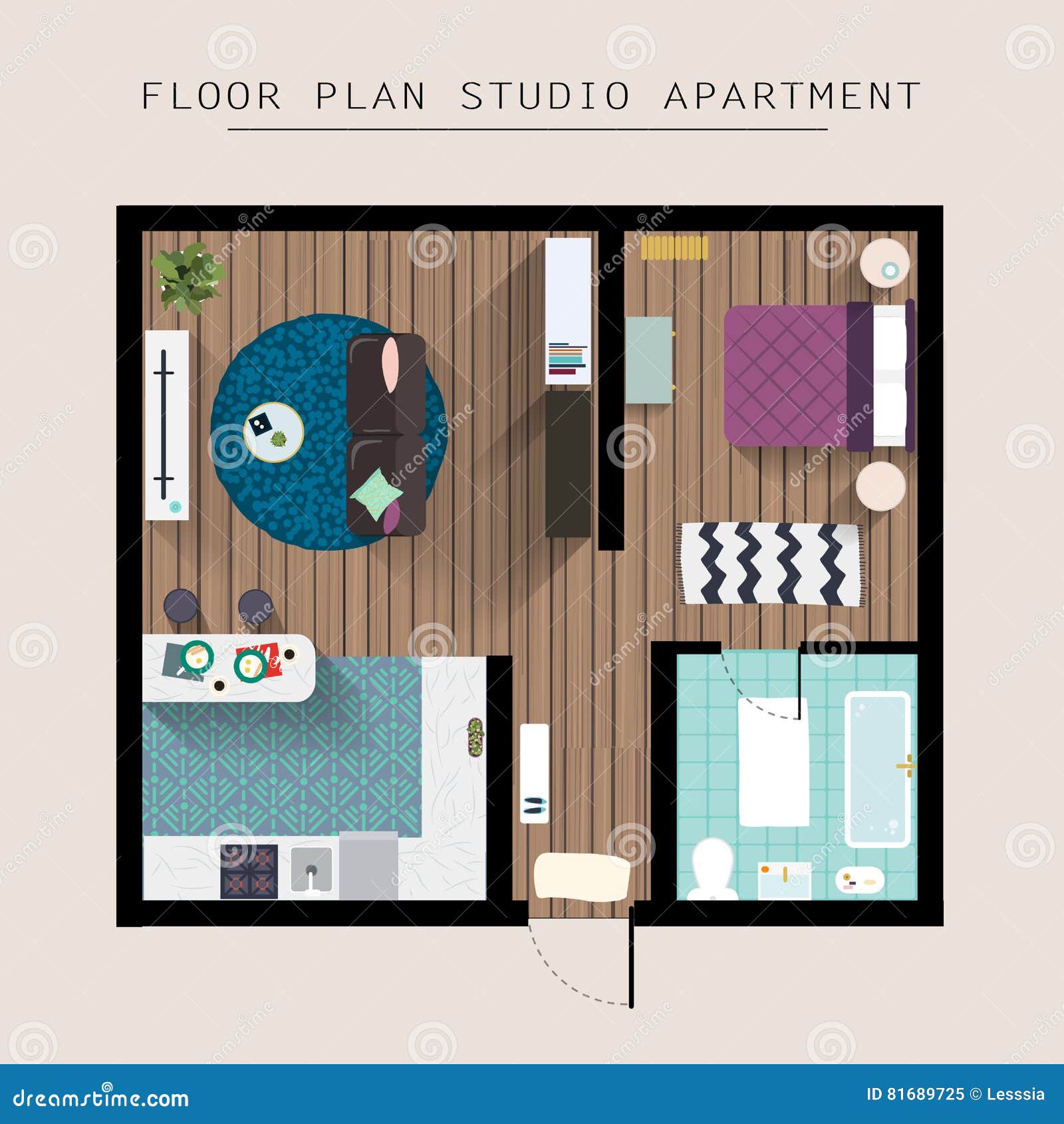 Detailed Apartment Furniture Overhead Top View Studio Apartment