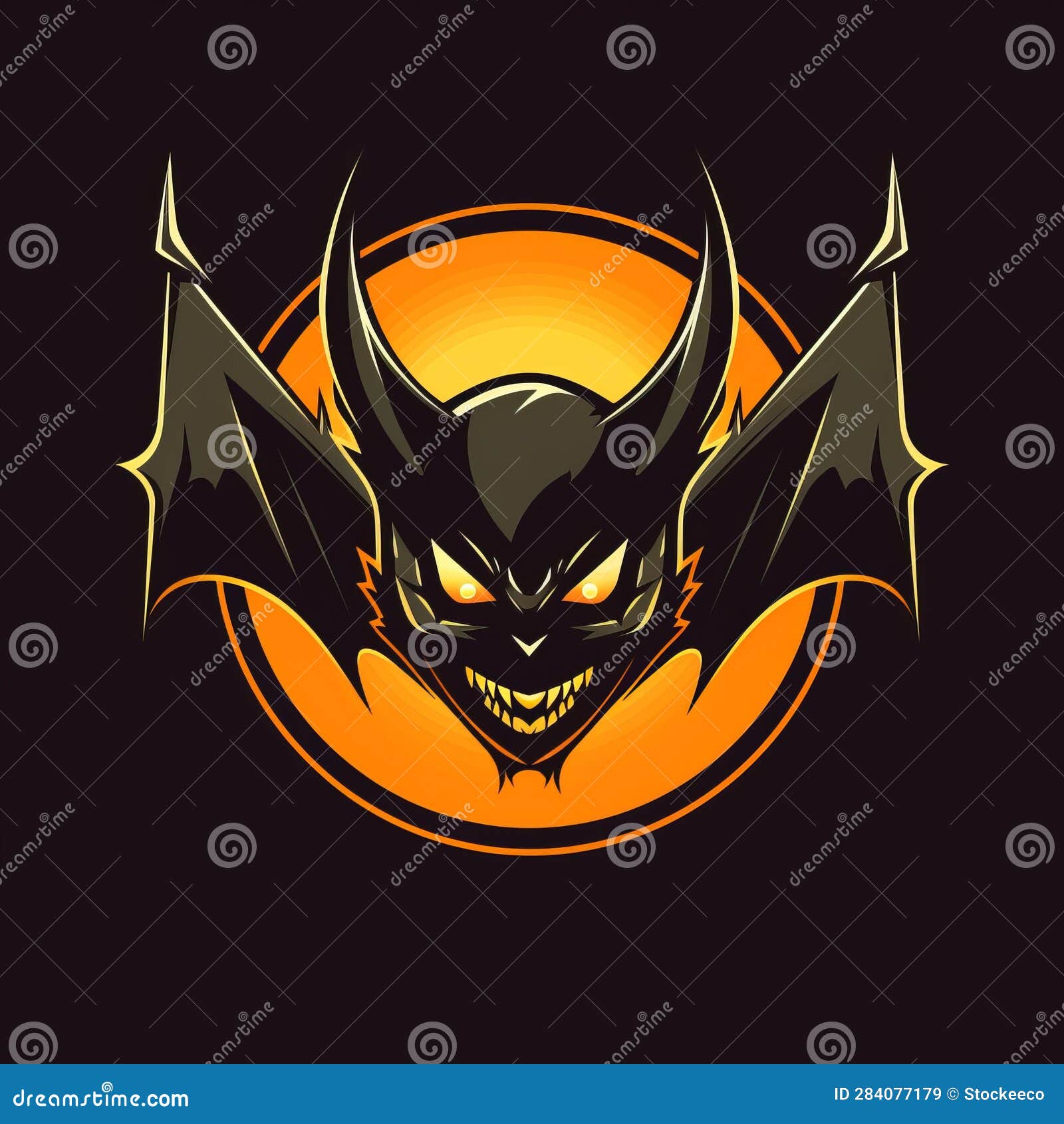 detailed bat face logo with silhouette lighting and golden age  style