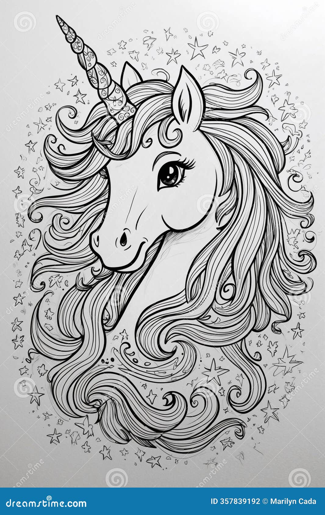 a detailed black-and-white  perfect for a coloring book, featuring a charming unicorn