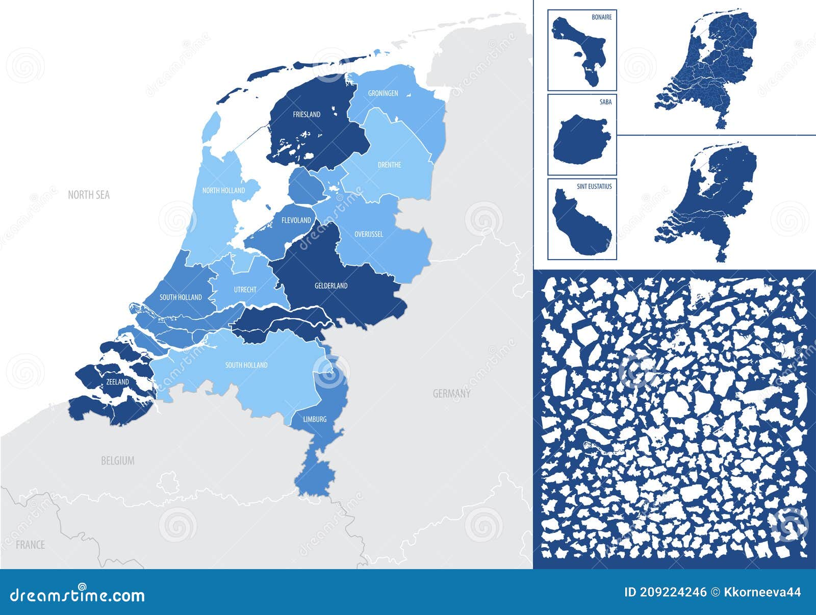 Detailed Blue Map Of Netherlands With Administrative Divisions Into Regions Vector Illustration