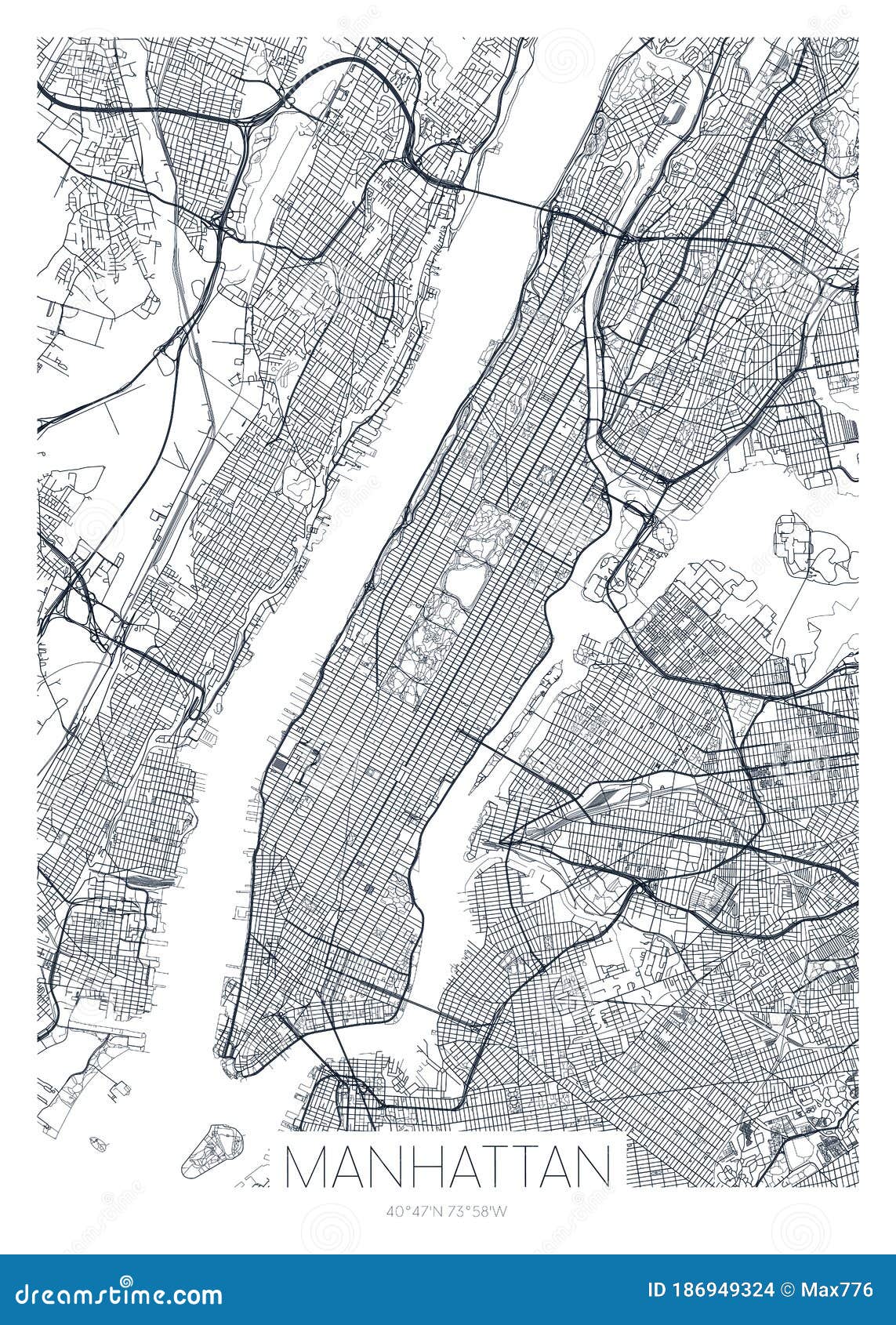 detailed borough map of manhattan new york city,  poster or postcard for city road and park plan