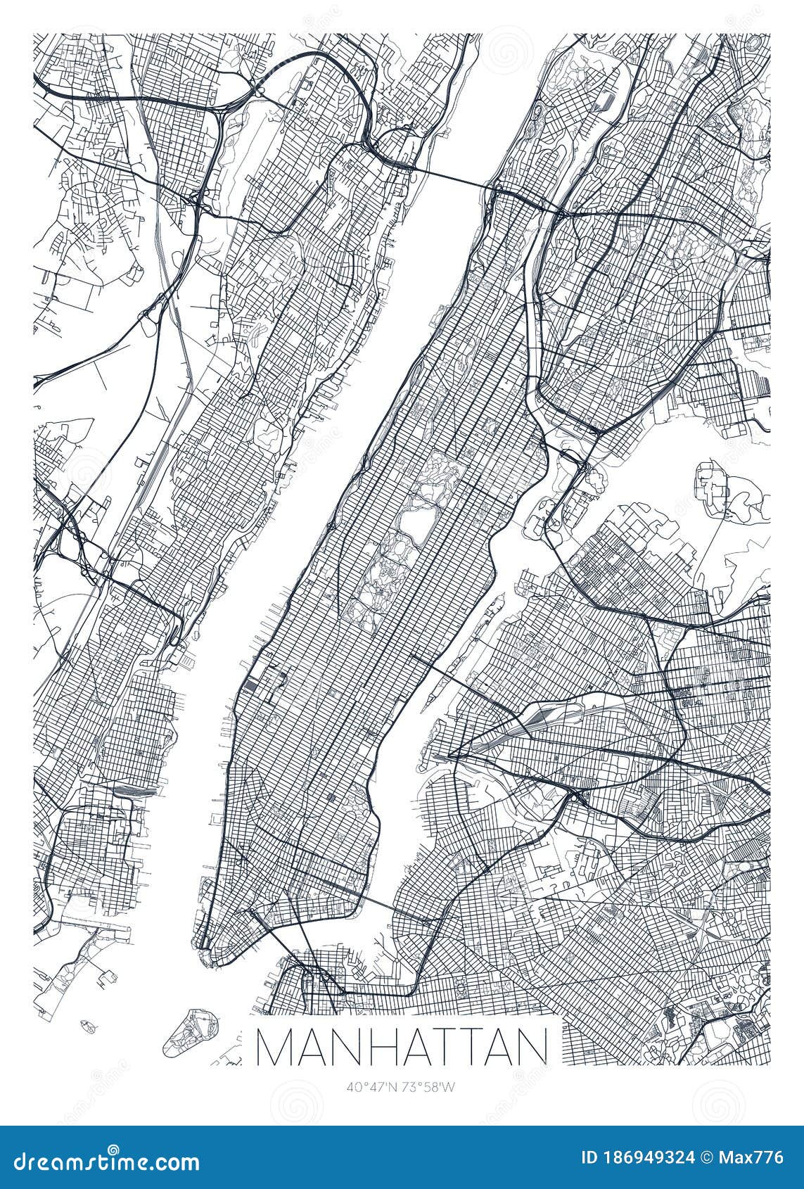 Detailed Borough Map of Manhattan New York City, Vector Poster or
