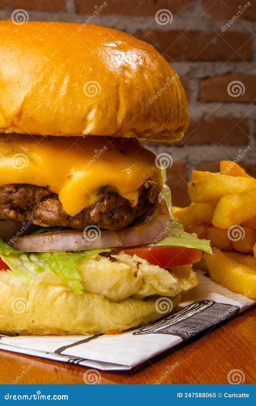 detailed cheeseburger with salad and fries