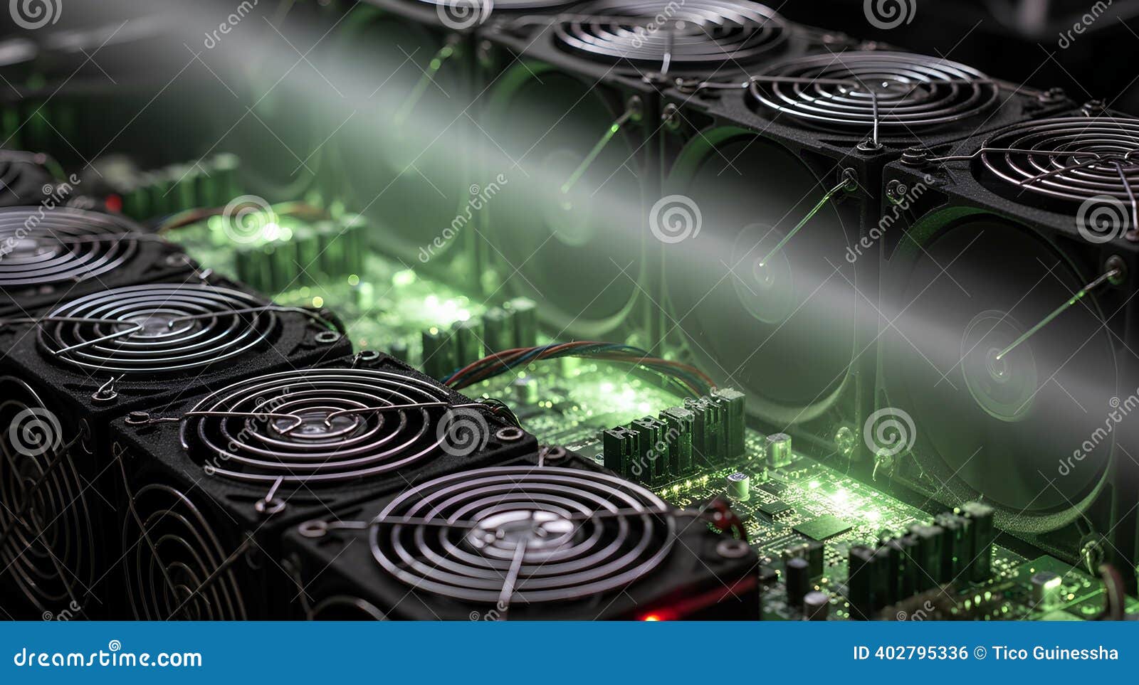 Close-up of Cryptocurrency Mining Rig with Multiple GPUs and Cooling Fans  Stock Photo - Image of computing, electronics: 402795336