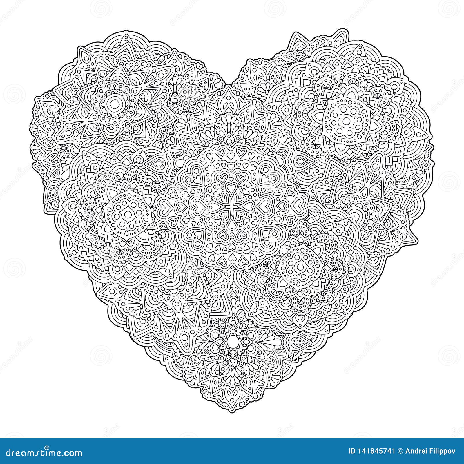 Detailed Coloring Book Page with Shape of Heart Stock Vector