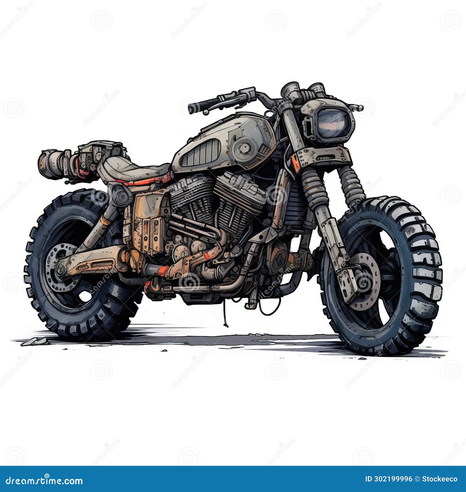 detailed 2d post-apocalyptic motorcycle on  white background