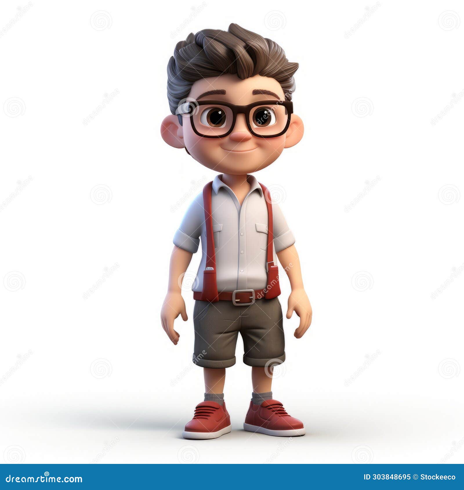 detailed 3d render of boy with glasses and suspenders