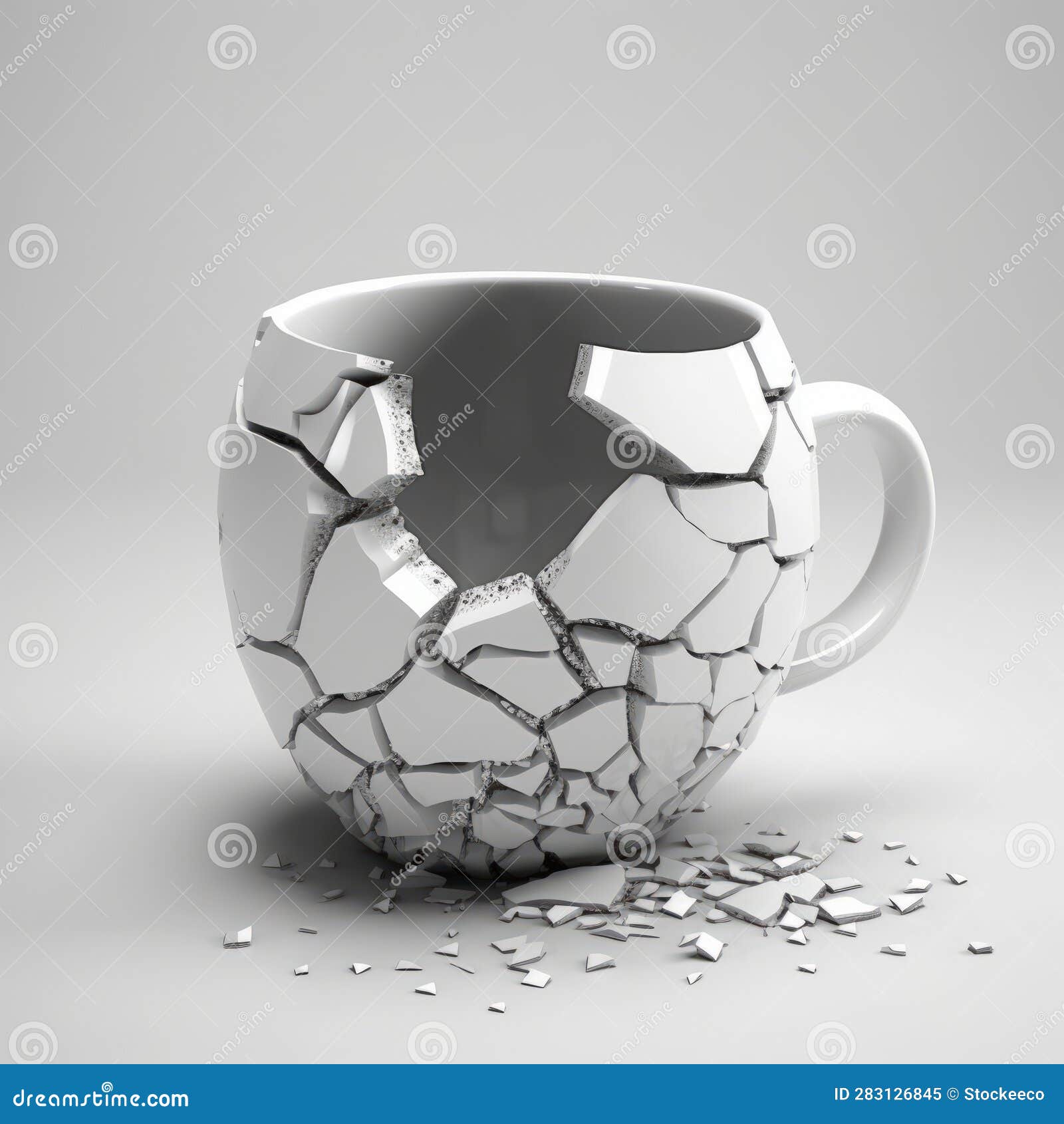 Detailed 3d Render of Broken Tea Cup on Grey Background Stock