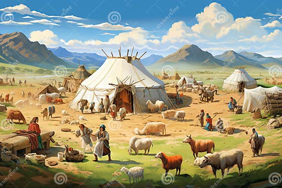 Mongol Steppes: Traditional Nomadic Life Unveiled Stock Illustration 