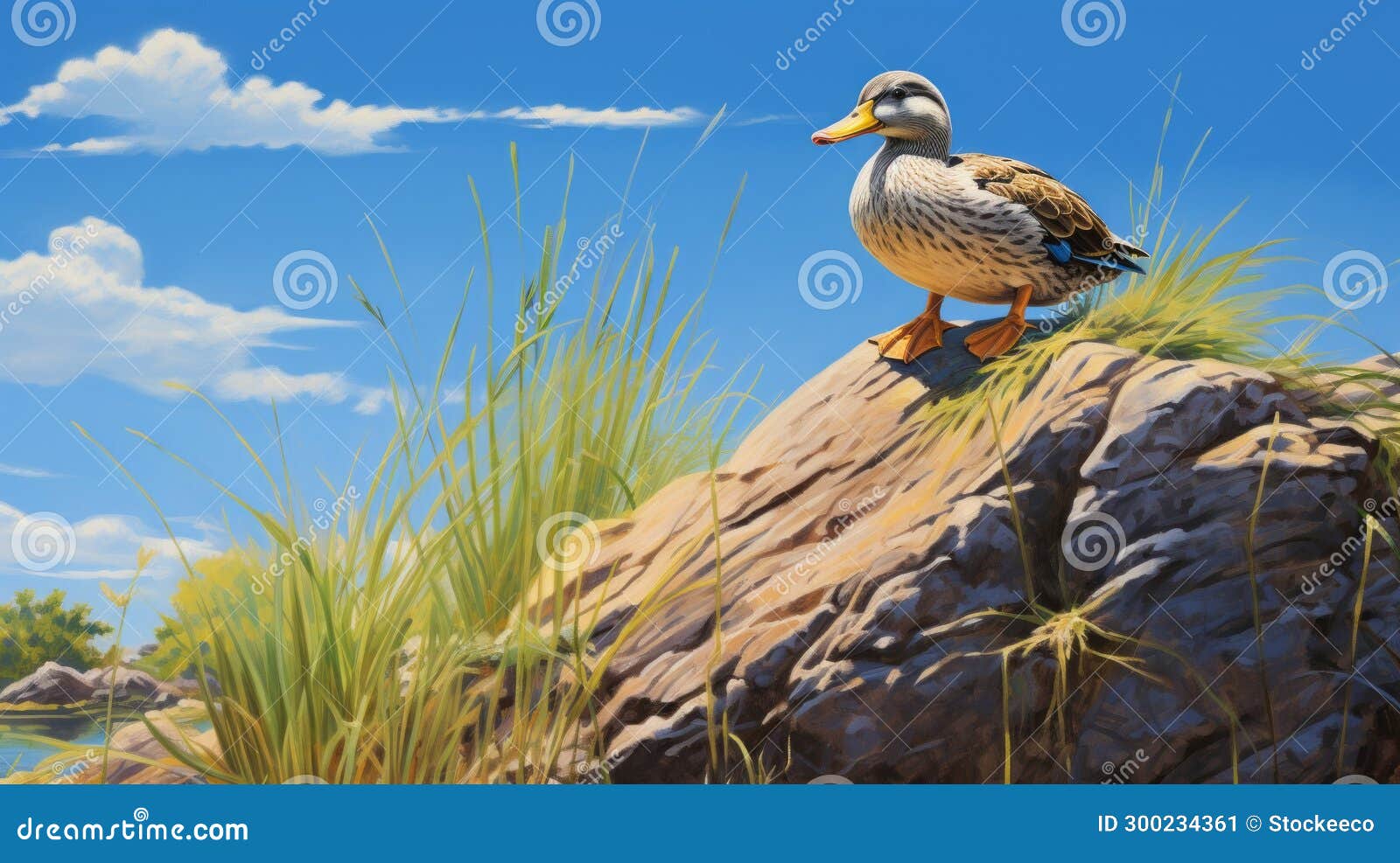 detailed duck painting on rock in greg hildebrandt style