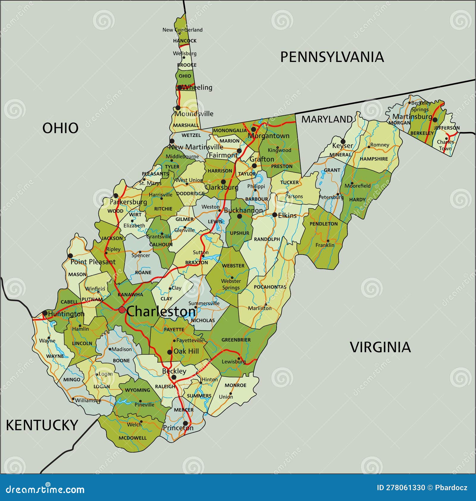 Detailed Editable Political Map with Separated Layers. West Virginia ...