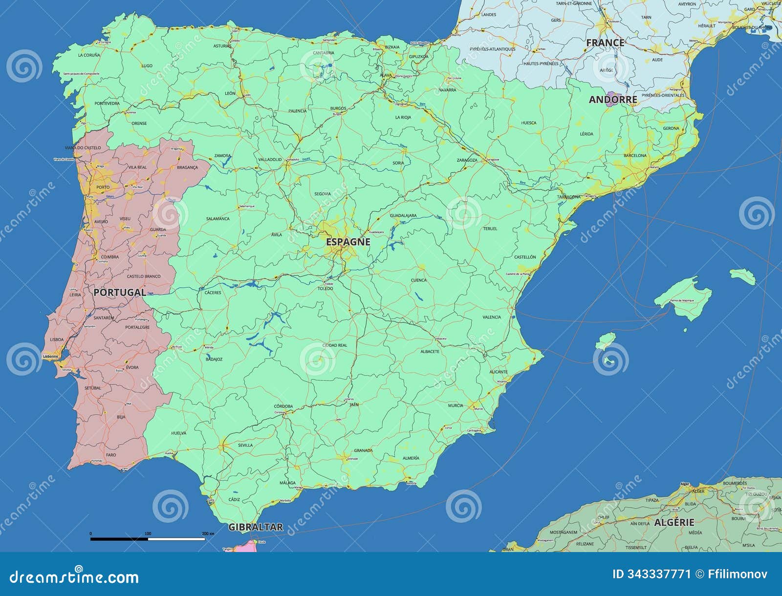 Detailed Editable Vector Map Of Spain On French Language Stock Detailed Editable Vector Map Spain French Language Highlights State Boundaries Major Cities Highways Rivers 343337771