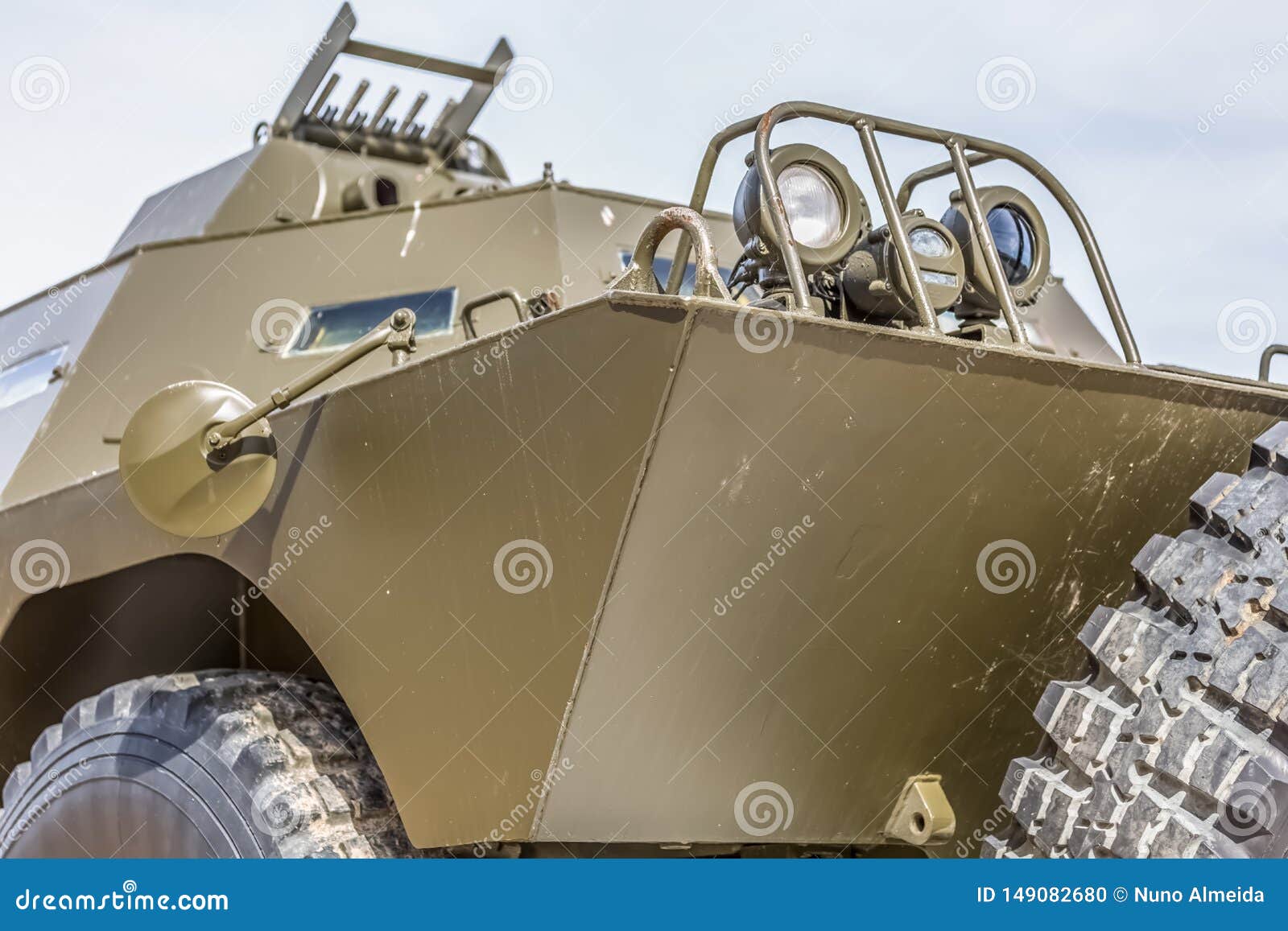 detailed front view of old armored military vehicle