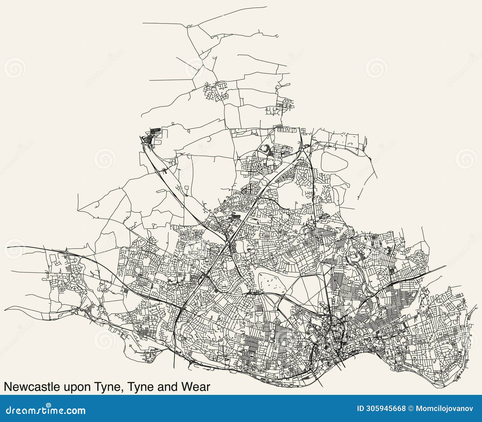 street roads map of the metropolitan borough and city of newcastle upon tyne, tyne and wear
