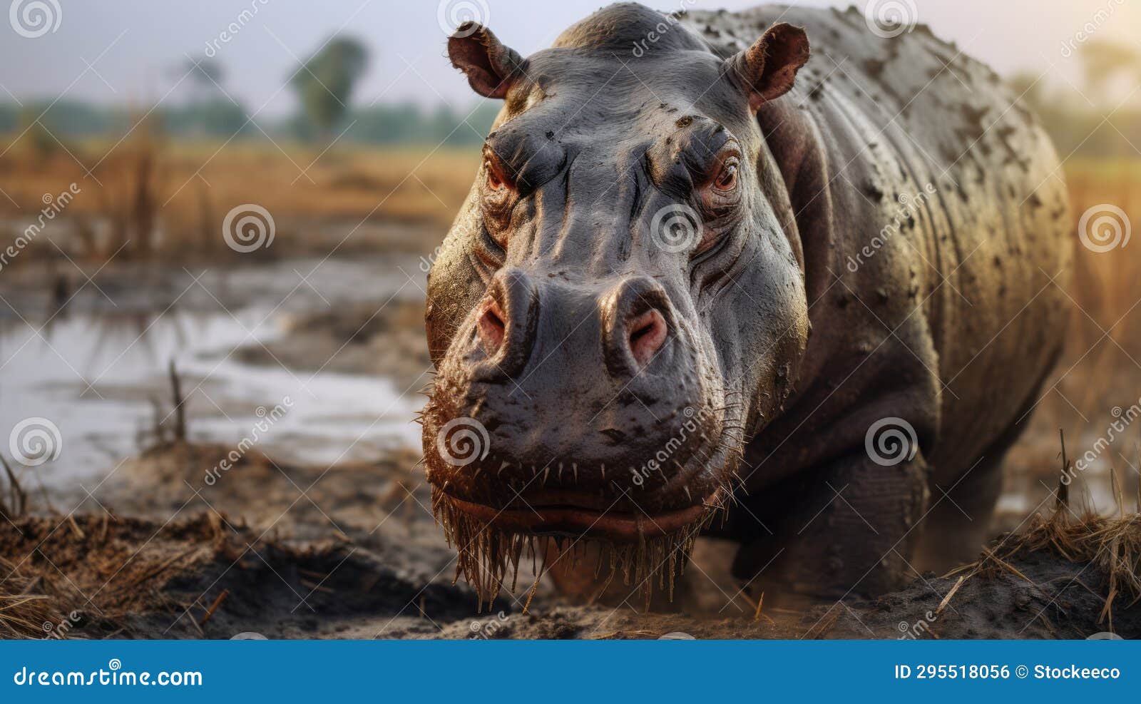 detailed hippo walking in mud: exaggerated features and emotional impact