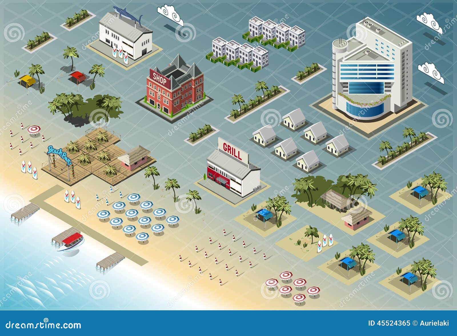 Detailed illustration of Isometric Seaside Buildings This illustration is saved in EPS10 with color space in RGB.