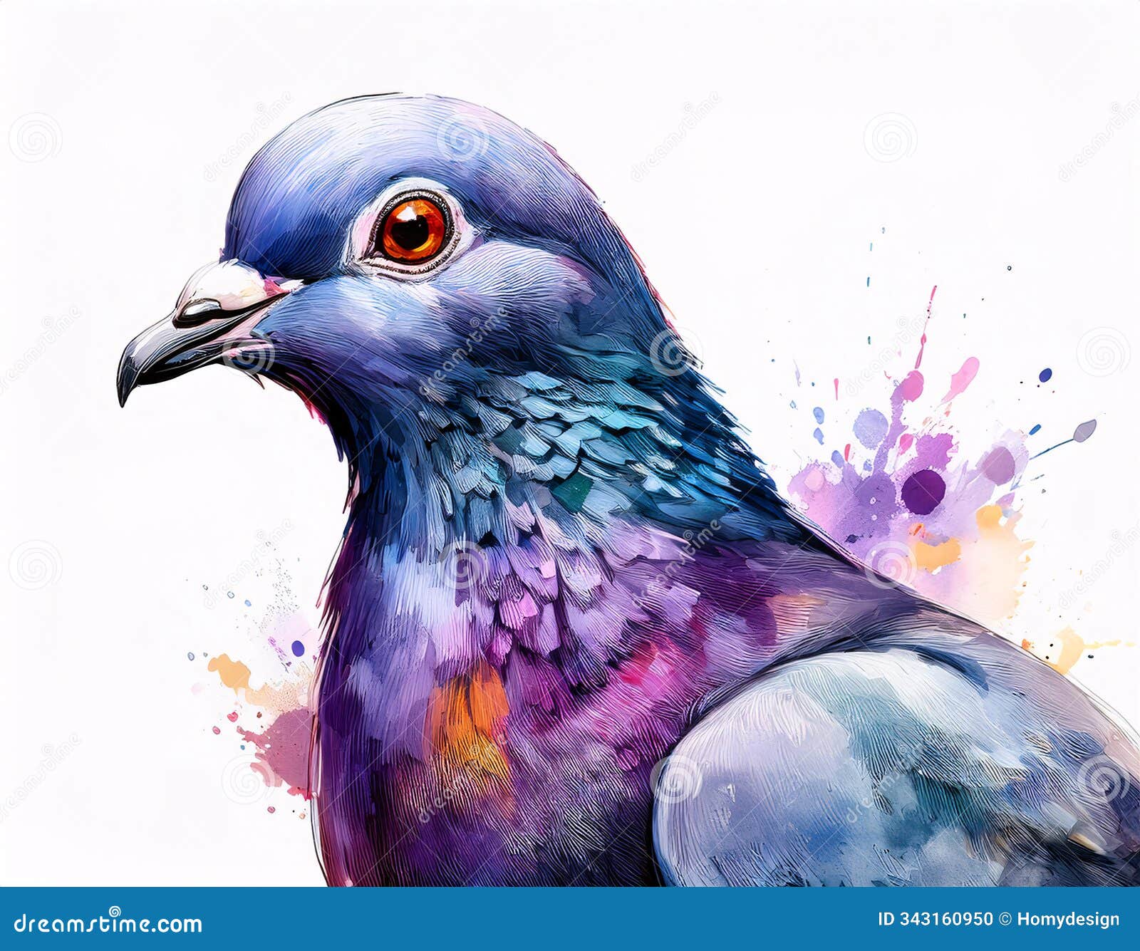 a detailed  of a pigeon perched on a branch, with vibrant blue and purple feathers and a splash of watercolor in the