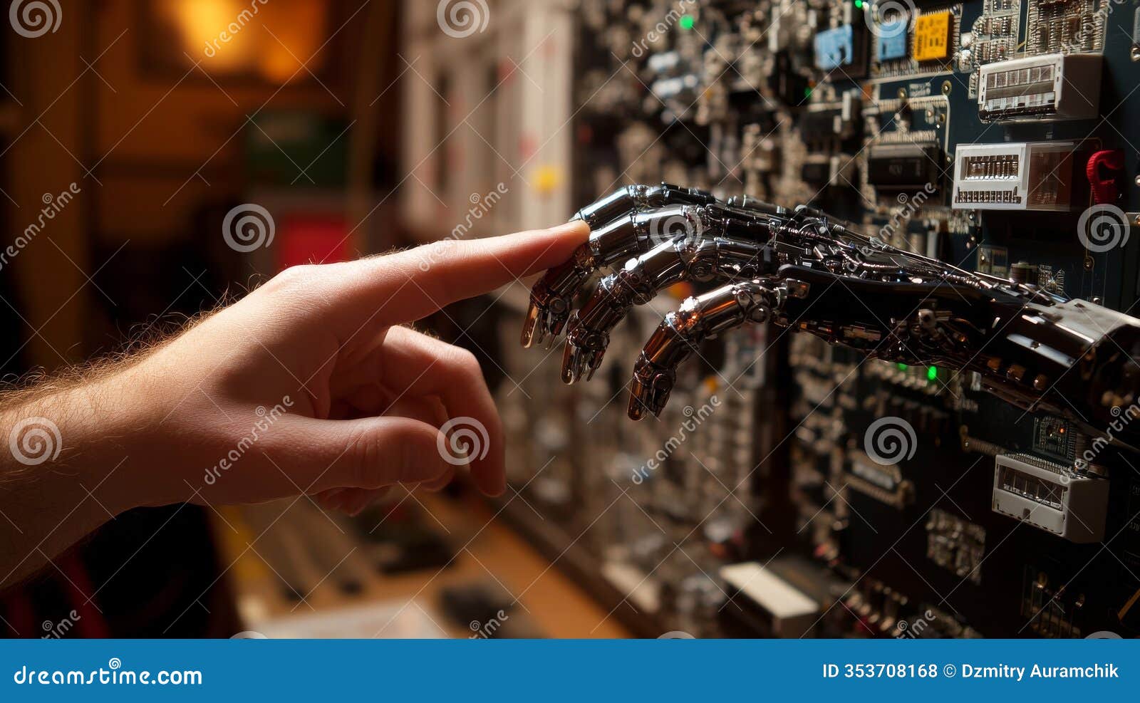 a detailed image shows a robotic finger touching a human finger, against a circuit-themed background with copy space