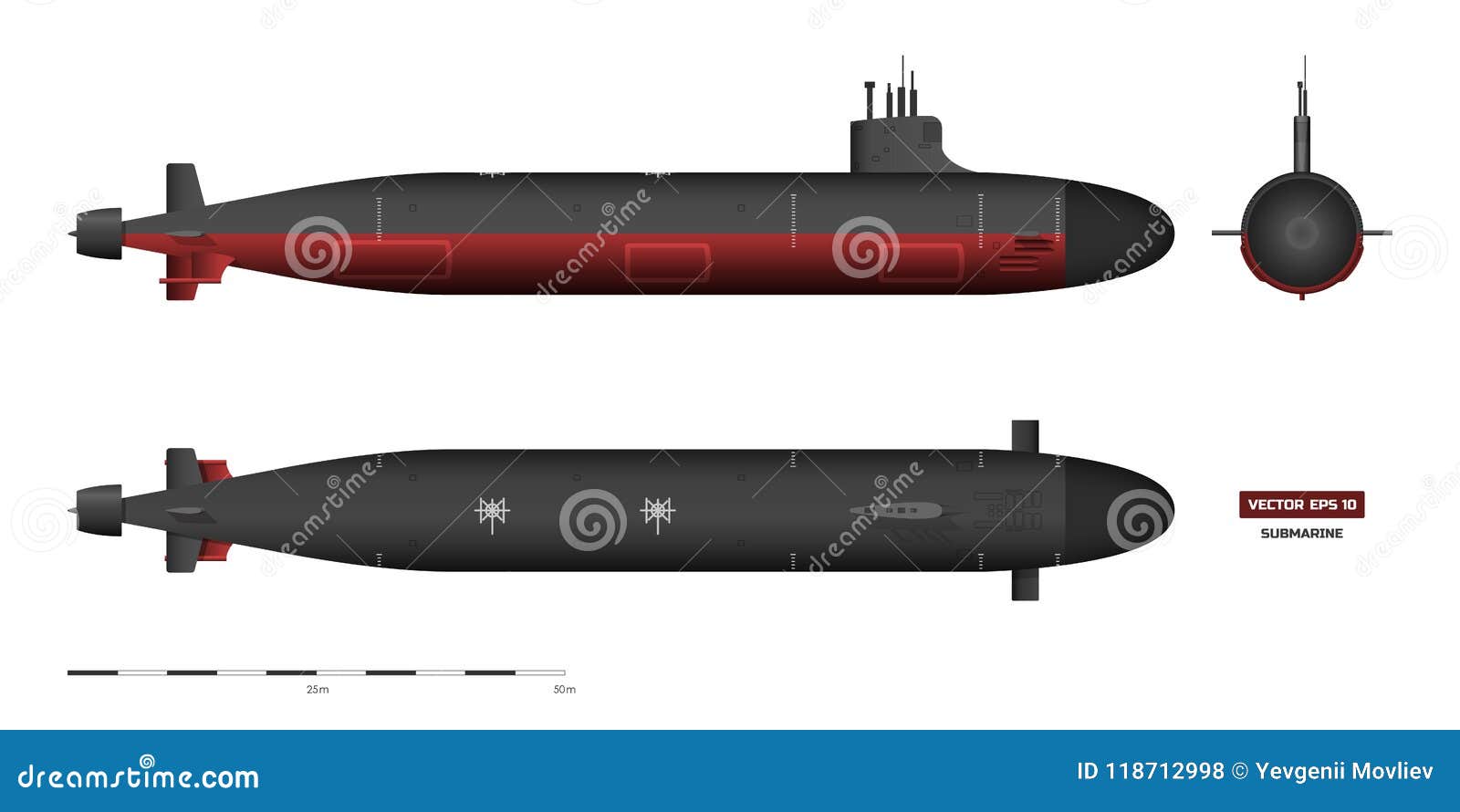 detailed image of submarine. military ship. top, front and side view. battleship model. industrial drawing. warship