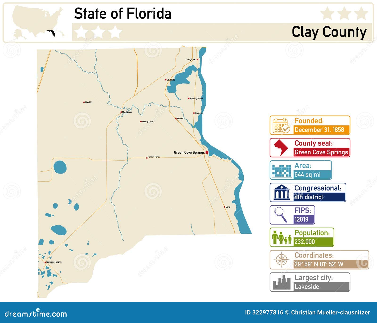 Map of Clay County in Florida USA - Detailed Infographic Map Clay County Florida Usa 322977816 