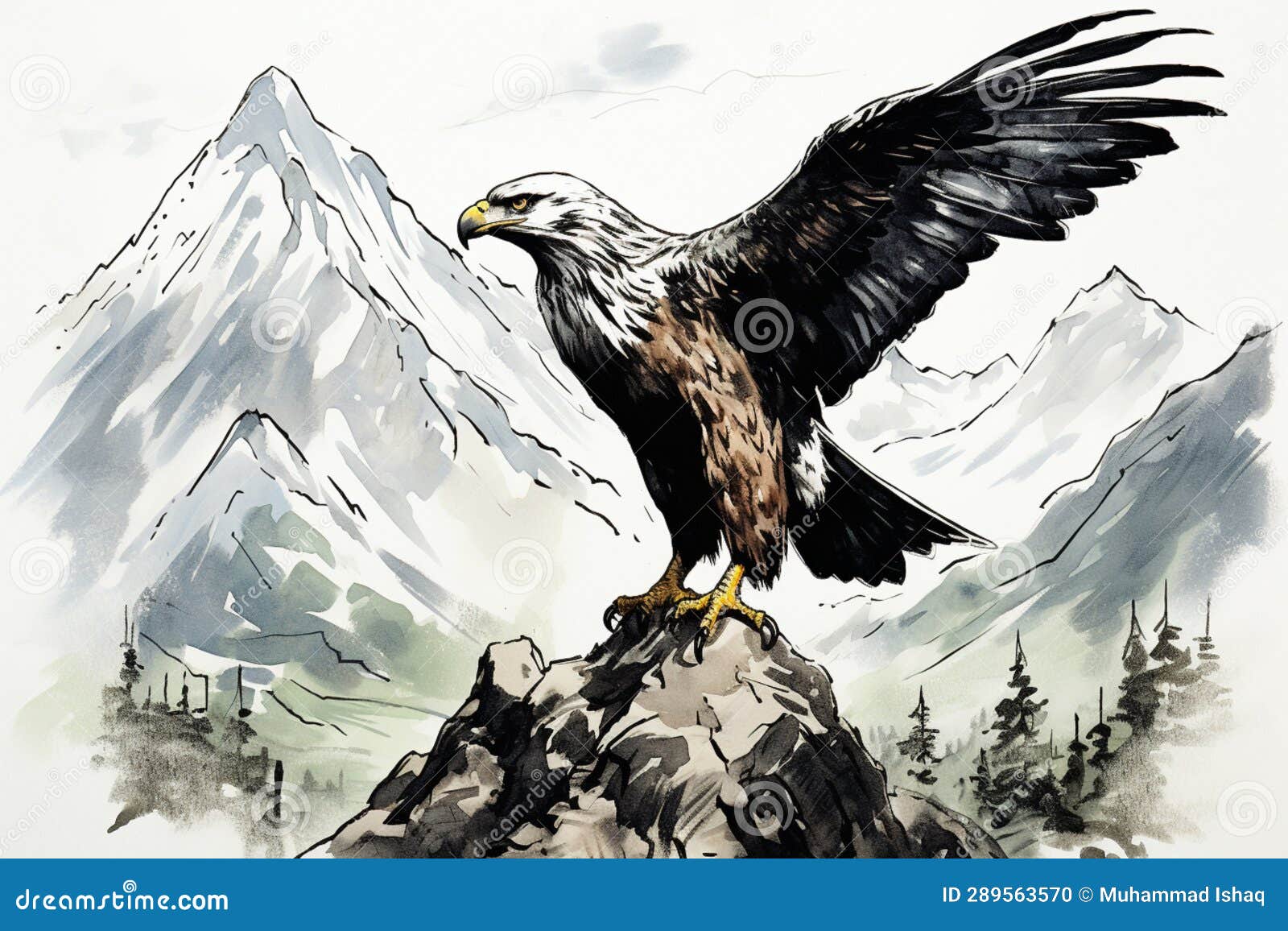 detailed ink drawing of an eagle amidst mountainous terrain