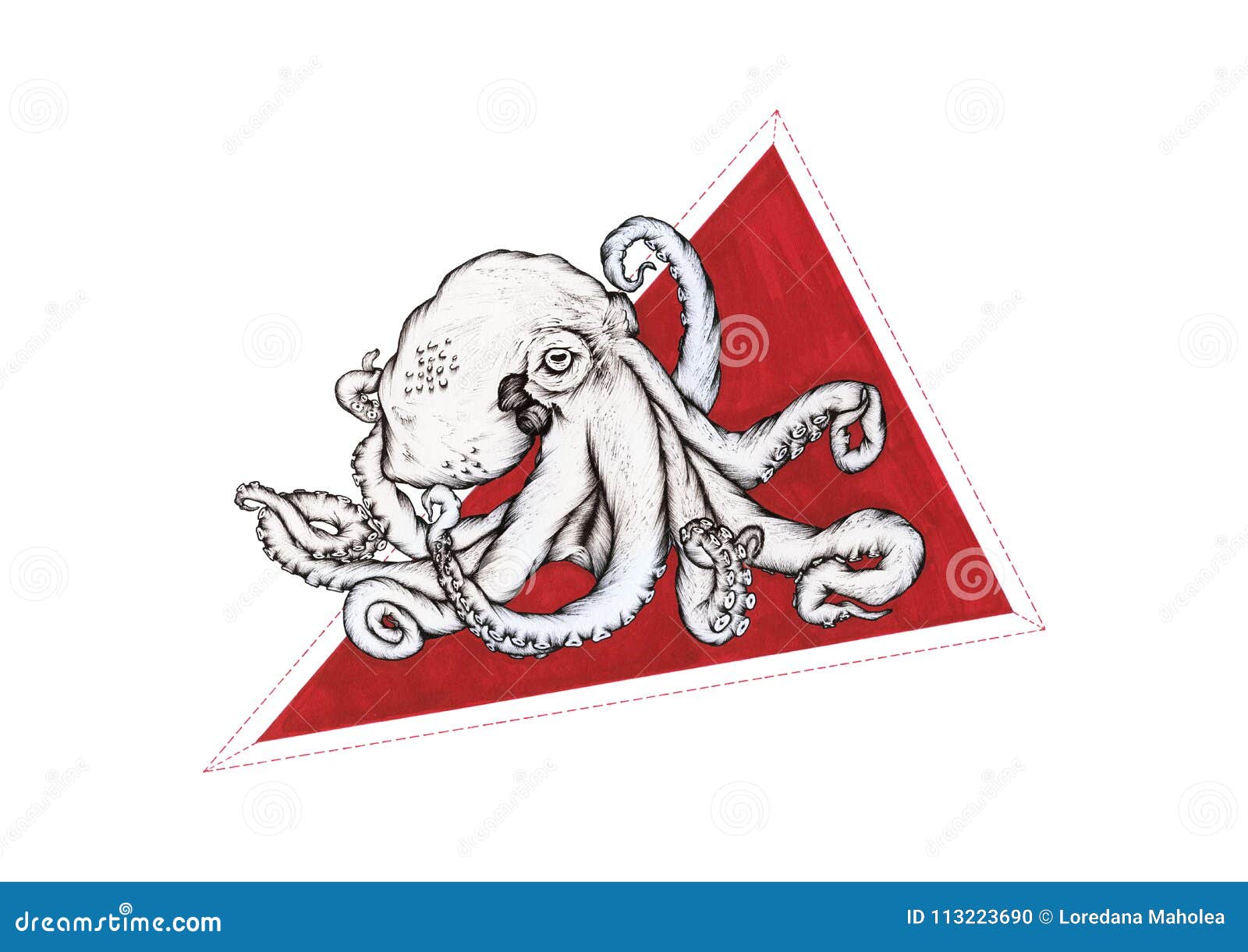 Octopus on Red Triangle Line Art Stock Illustration - Illustration