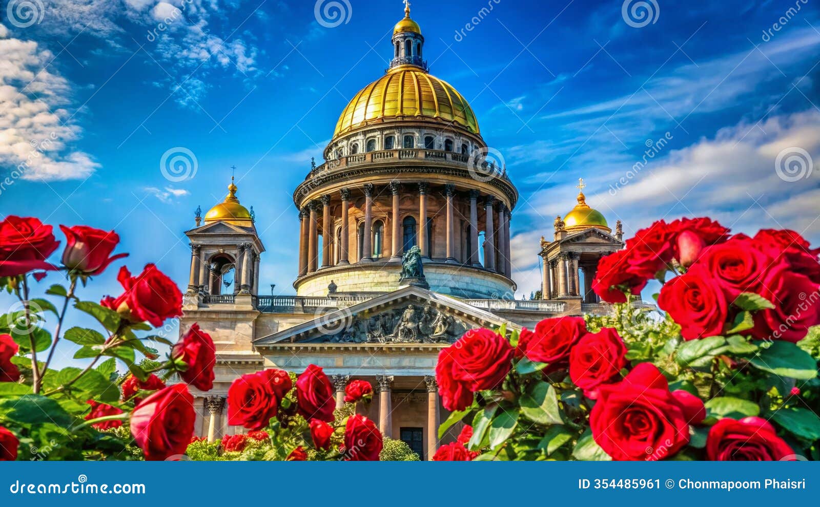 a detailed macro view of saint petersburgs iconic isaacs cathedral golden dome intricate sculptures blossoming roses