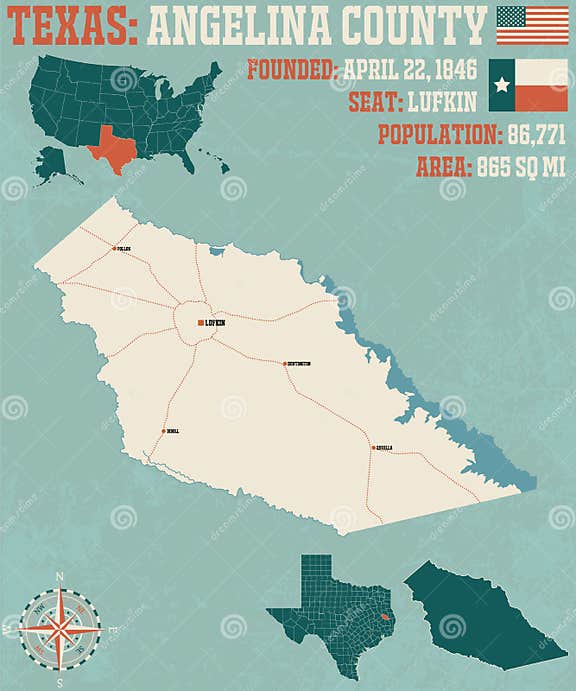 Map of Angelina County in Texas Stock Vector - Illustration of lakes