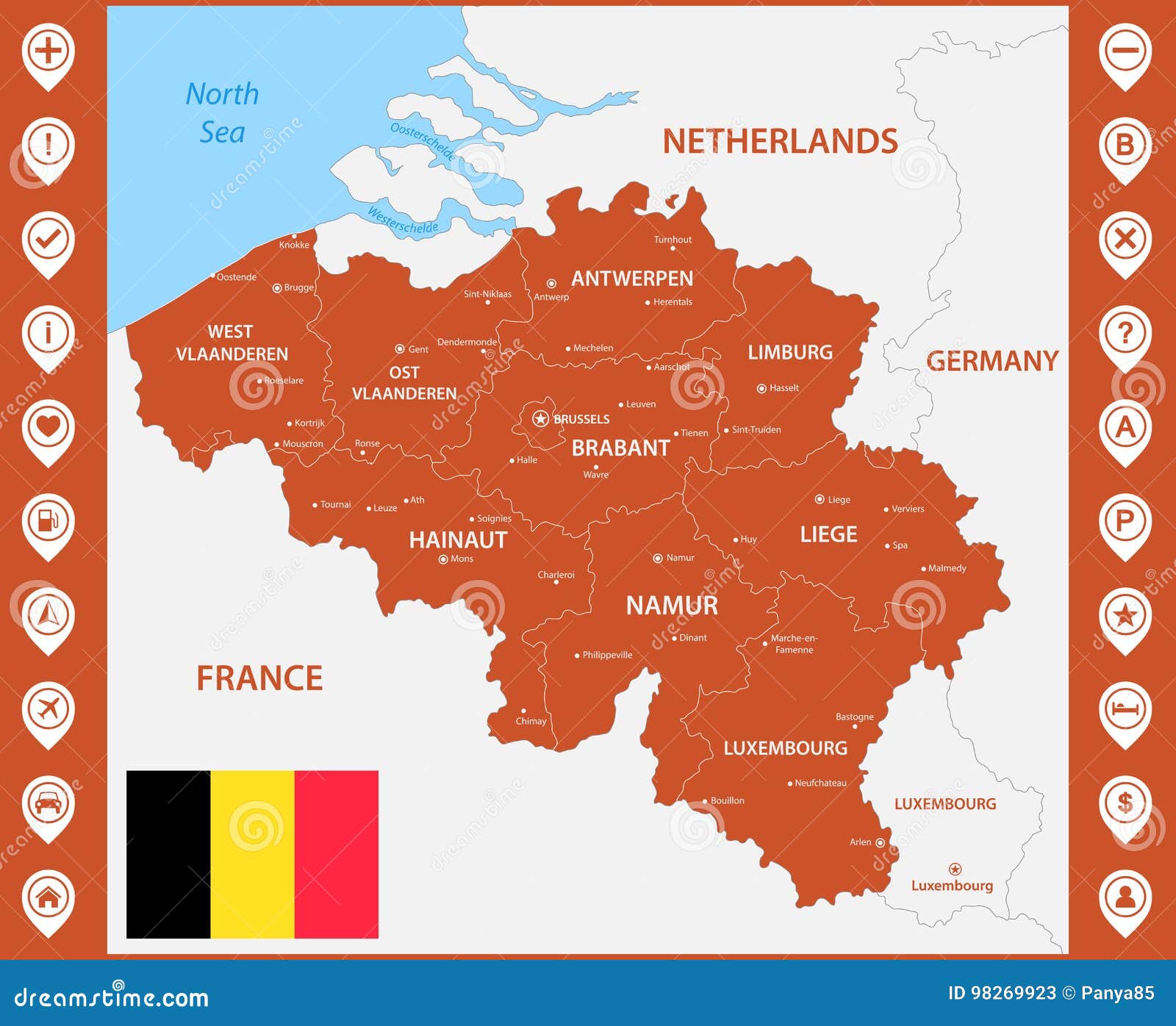 The Detailed Map of the Belgium with Regions or States and Cities ...