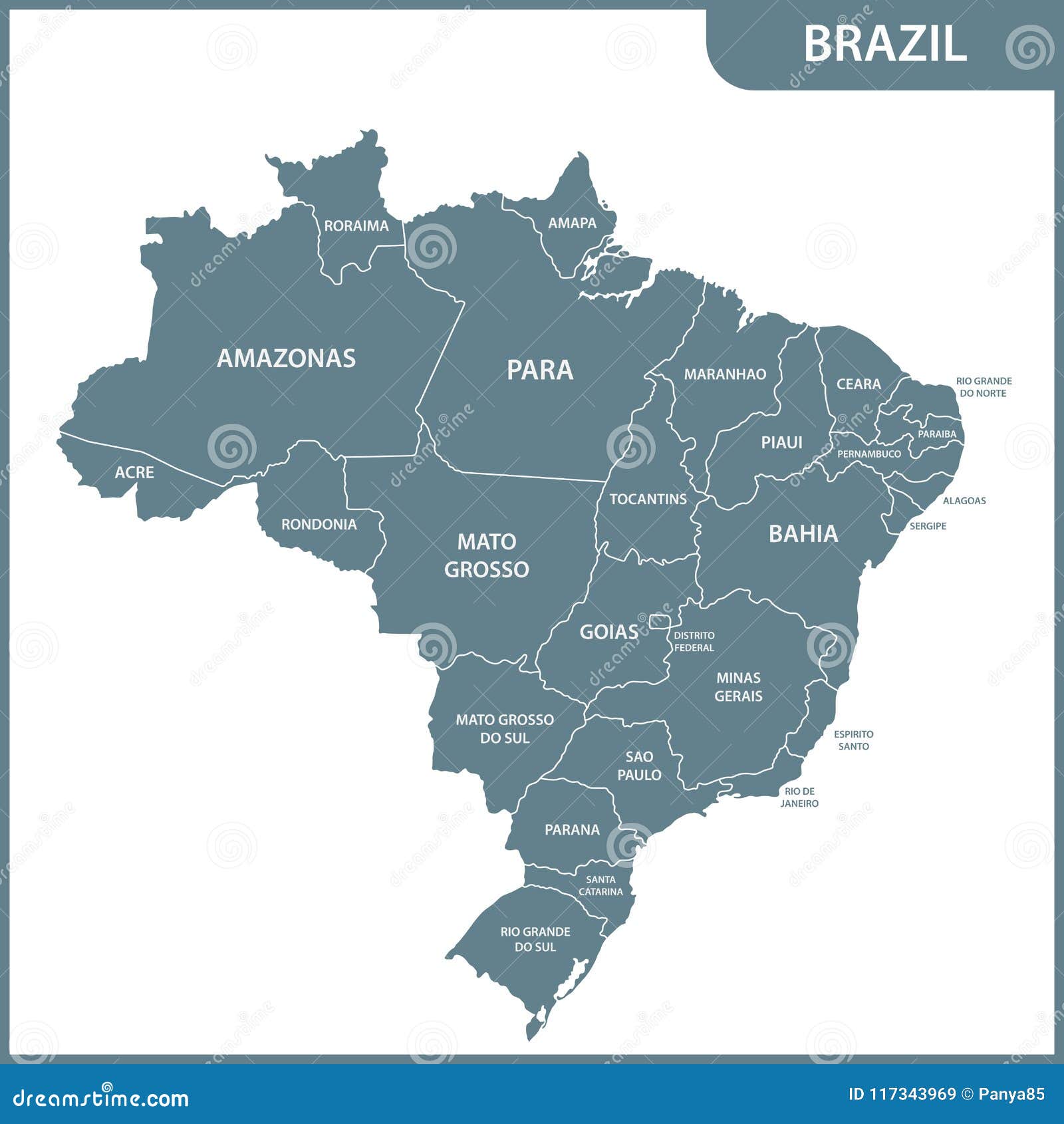 the detailed map of the brazil with regions or states