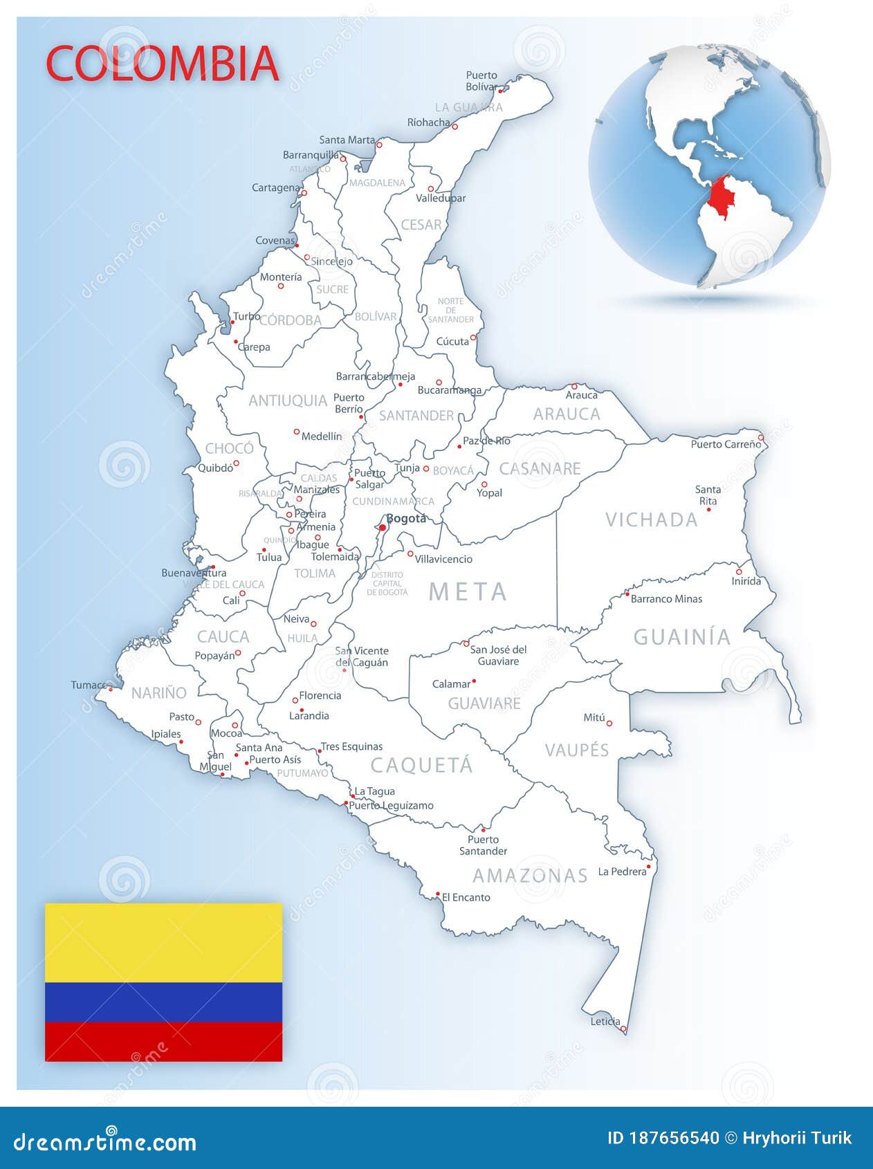 Detailed Map Of Colombia Administrative Divisions With Country Flag And Location On The Globe Stock Illustration Illustration Of Collection Hemisphere 187656540