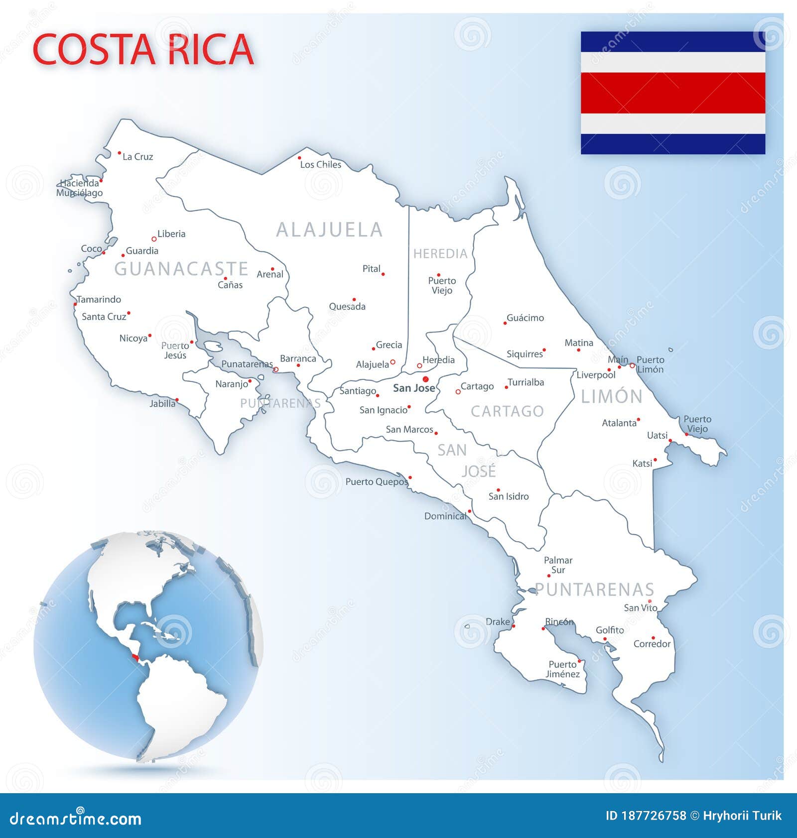 Detailed Map Of Costa Rica Administrative Divisions With Country Flag And Location On The Globe Stock Illustration Illustration Of Jose Abstract