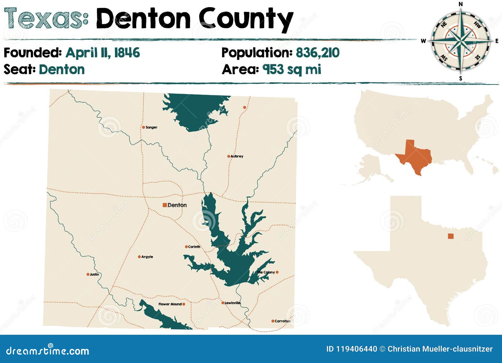Map Of Denton County In Texas Stock Vector Illustration Of Rivers