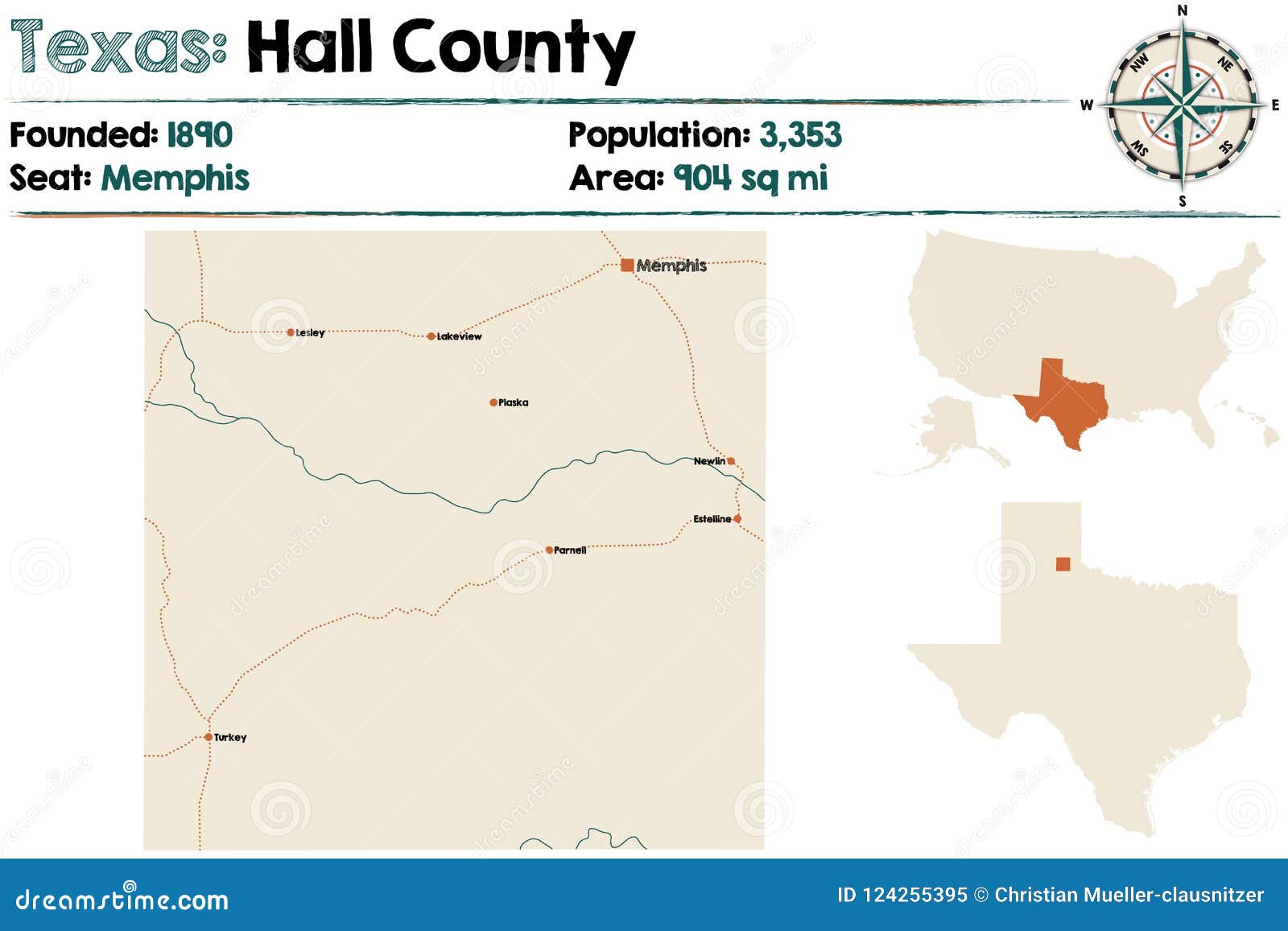 Map of Hall County in Texas Stock Vector Illustration of highway, cartography 124255395