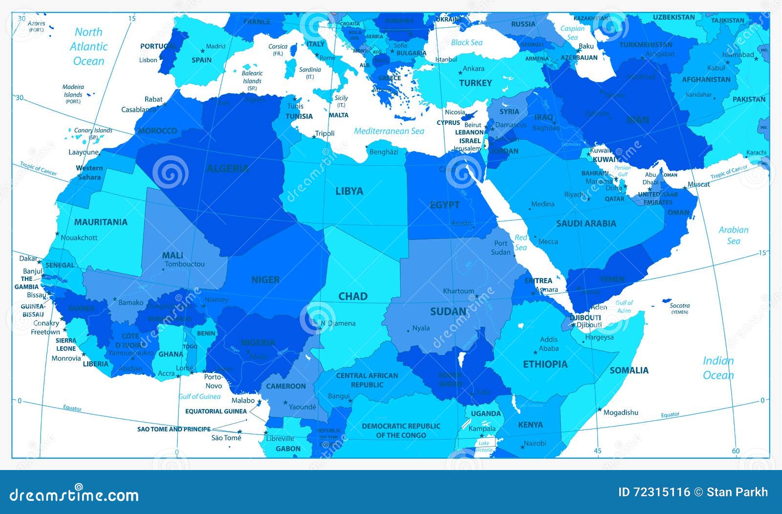 Detailed Map of Northern Africa and the Middle East Stock Vector
