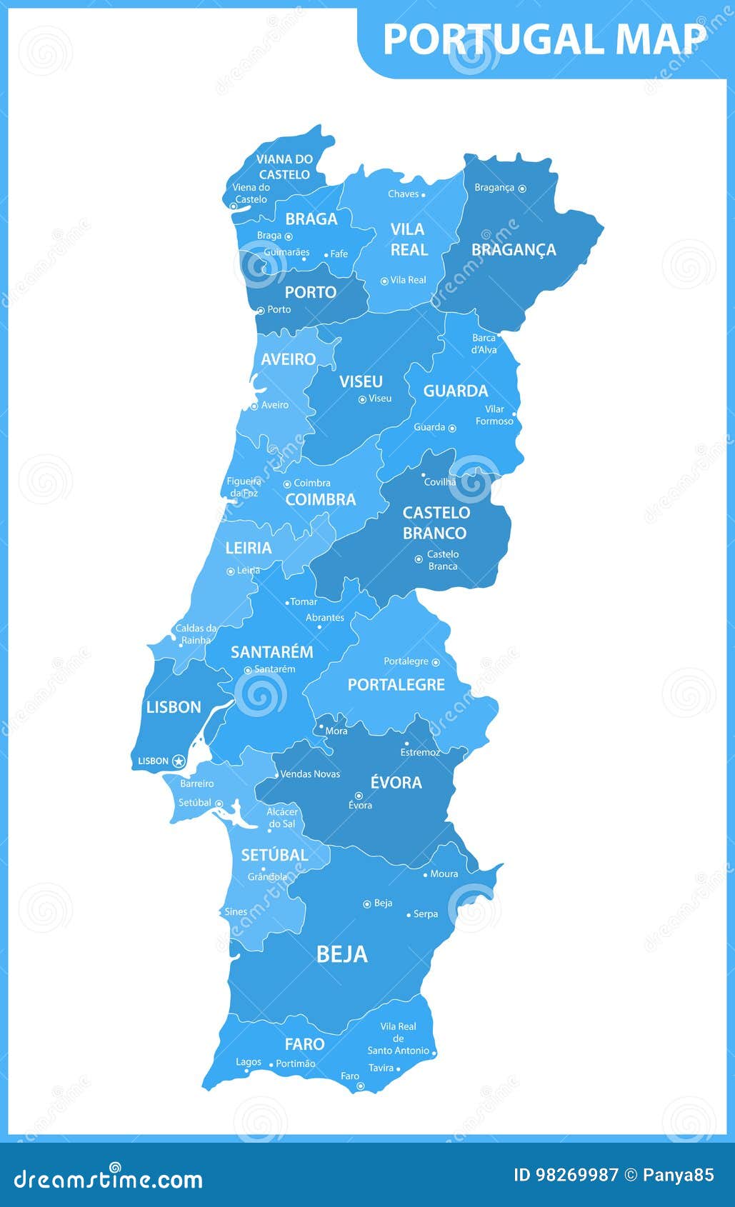 The Detailed Map of the Portugal with Regions or States and Cities