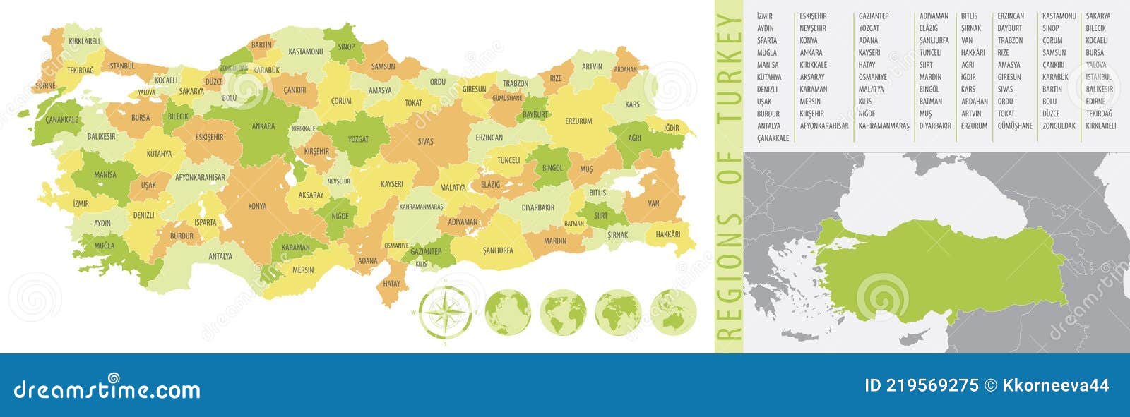 detailed map of turkey with administrative divisions of the country, color  