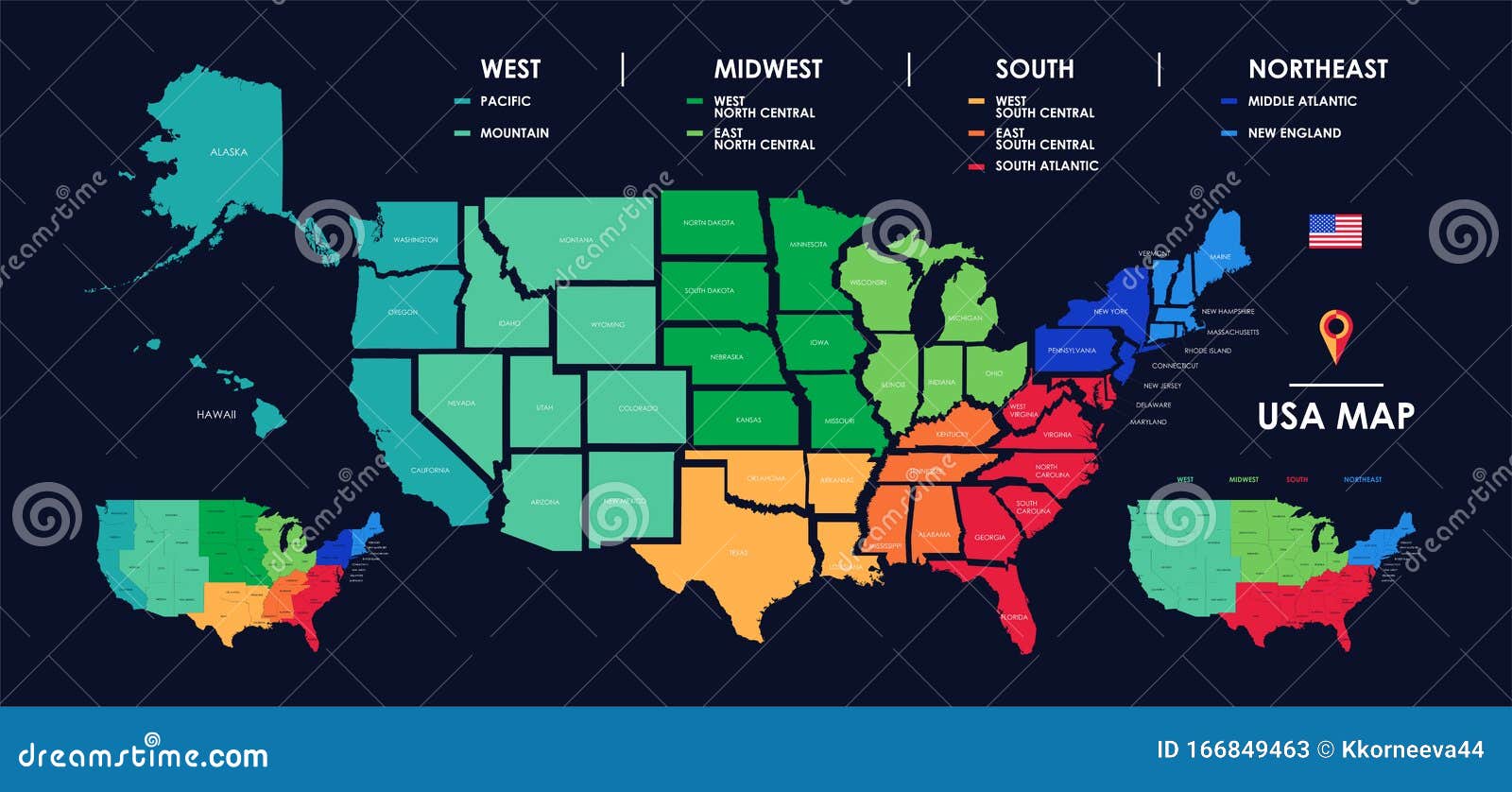 detailed map of us regions,  states with names, colorful infographics of the united states of america,  