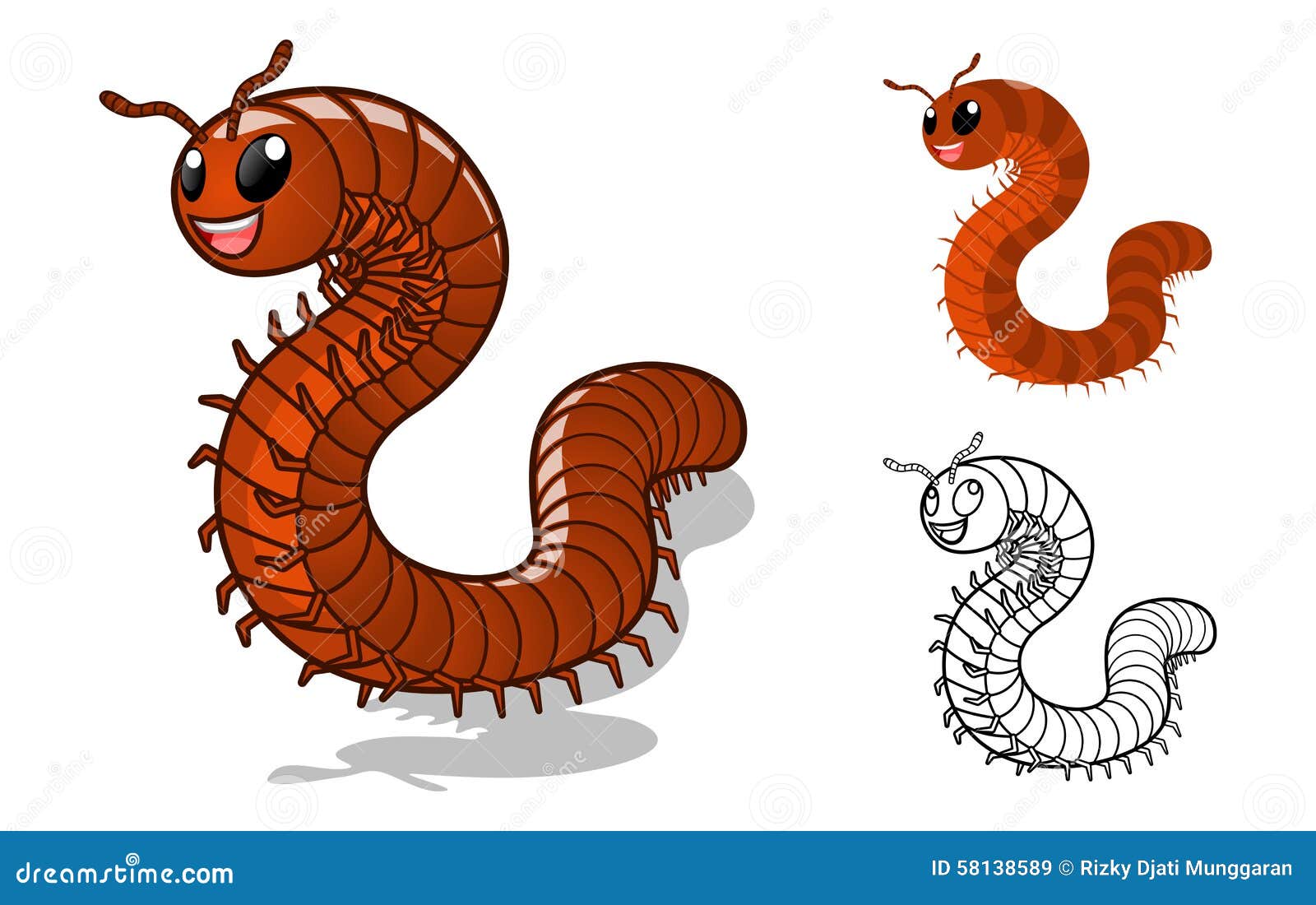 Detailed Millipede Cartoon Character with Flat Design and Line Art