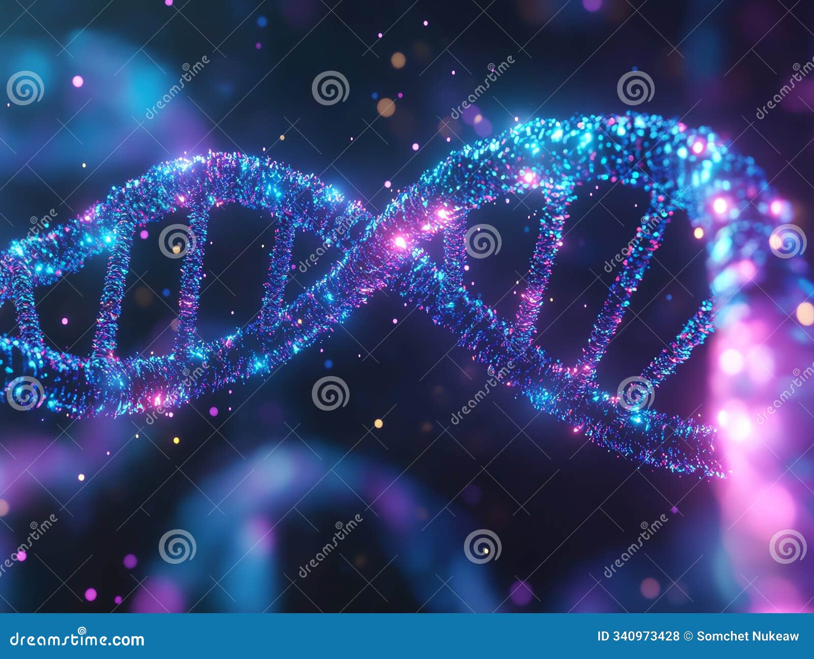 a detailed molecular structure of dna, with its doublehelix  glowing in blue and purple
