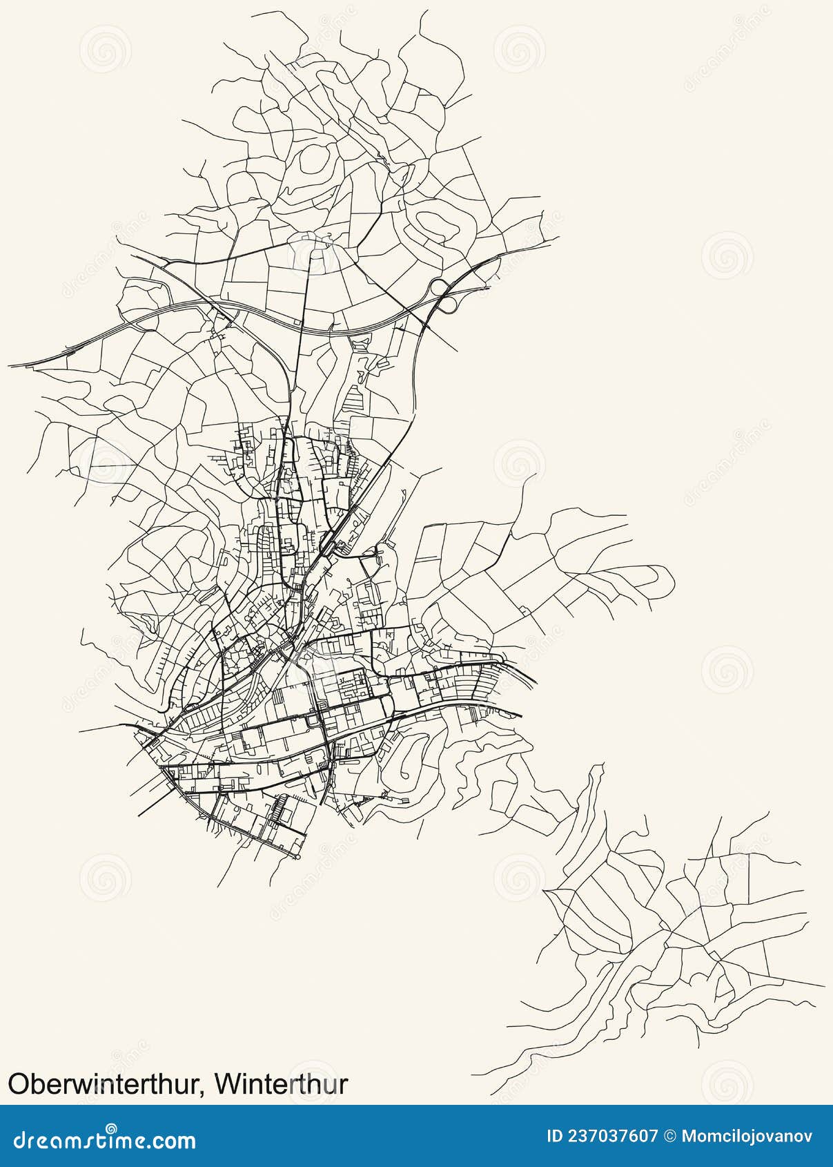 street roads map of the kreis 2 oberwinterthur district of winterthur, switzerland