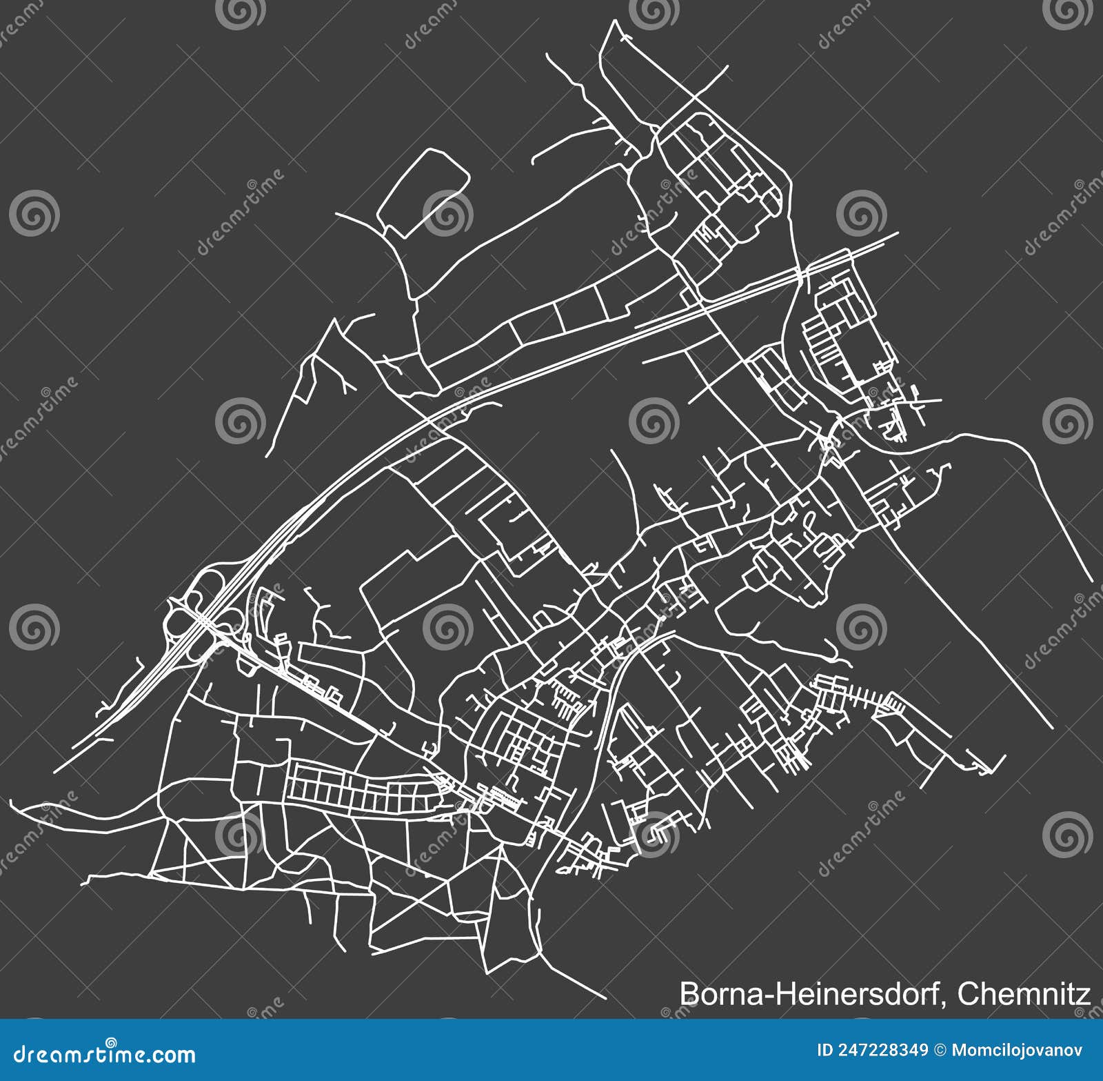 street roads map of the borna-heinersdorf district, chemnitz