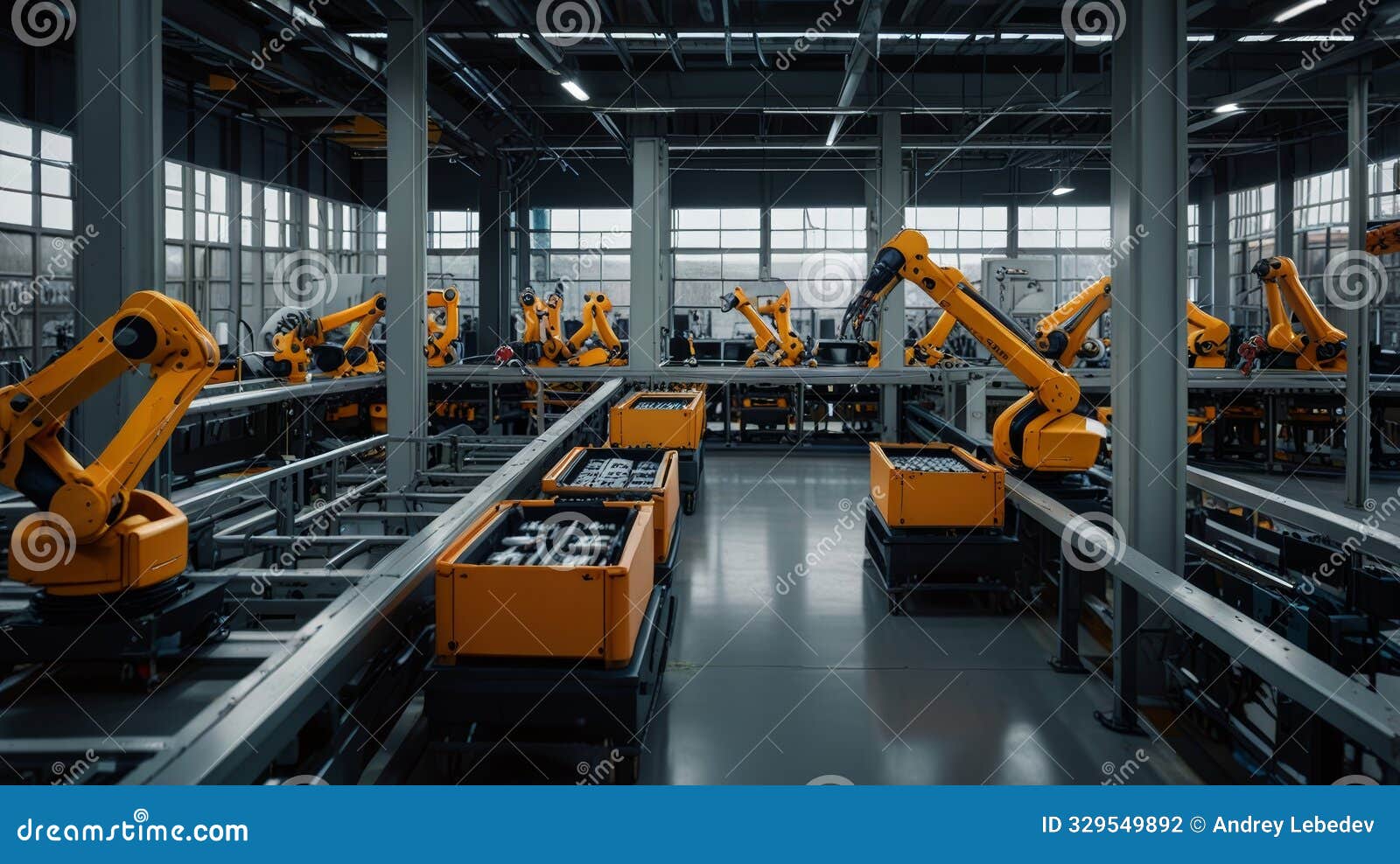 a detailed panoramic image of a futuristic, fully automated factory, showing robots in action