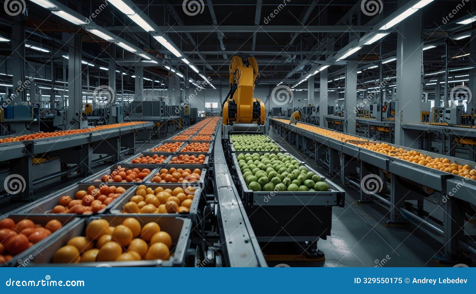 a detailed panoramic image of a futuristic, fully automated factory, showing robots in action